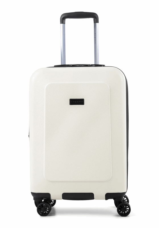 White suitcase with black wheels and handle on a white background
