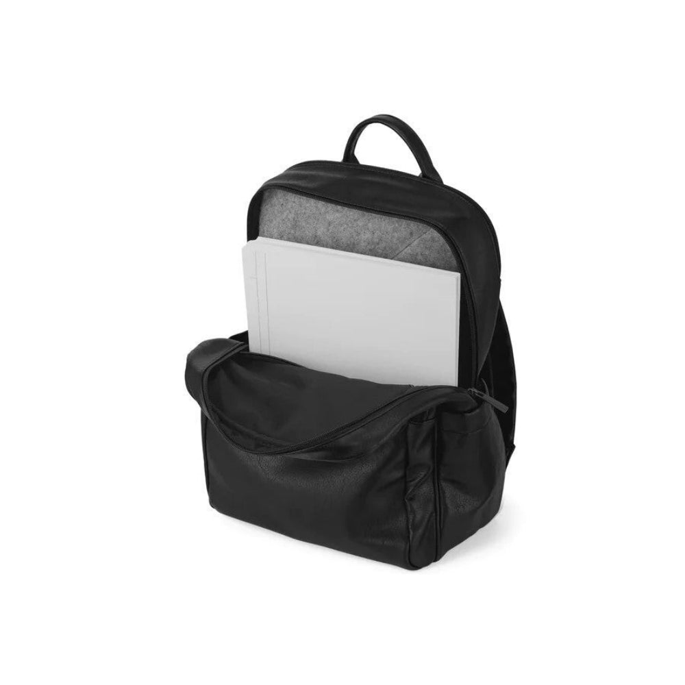 Black backpack with a laptop compartment on a white background