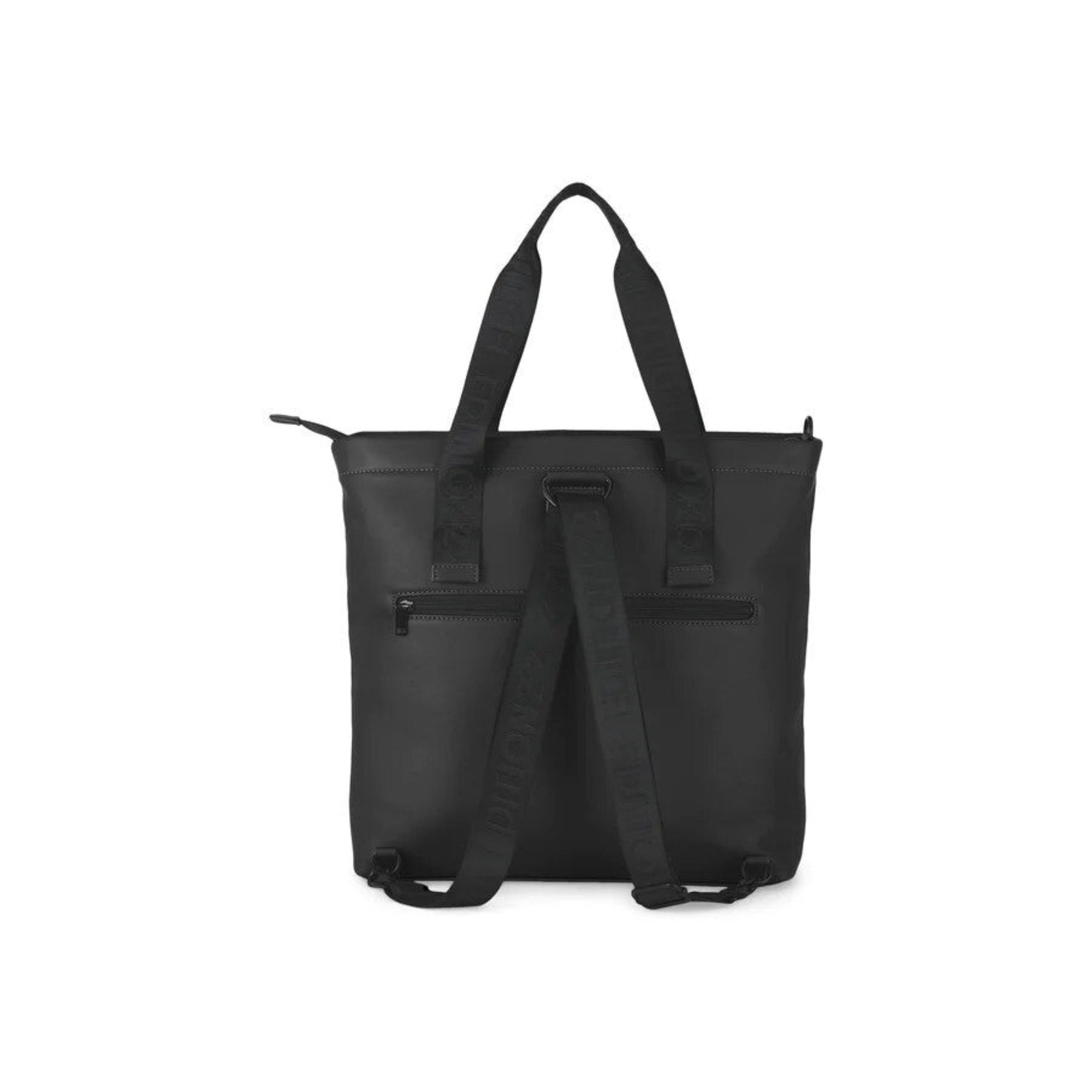 Black tote bag with shoulder strap on a white background