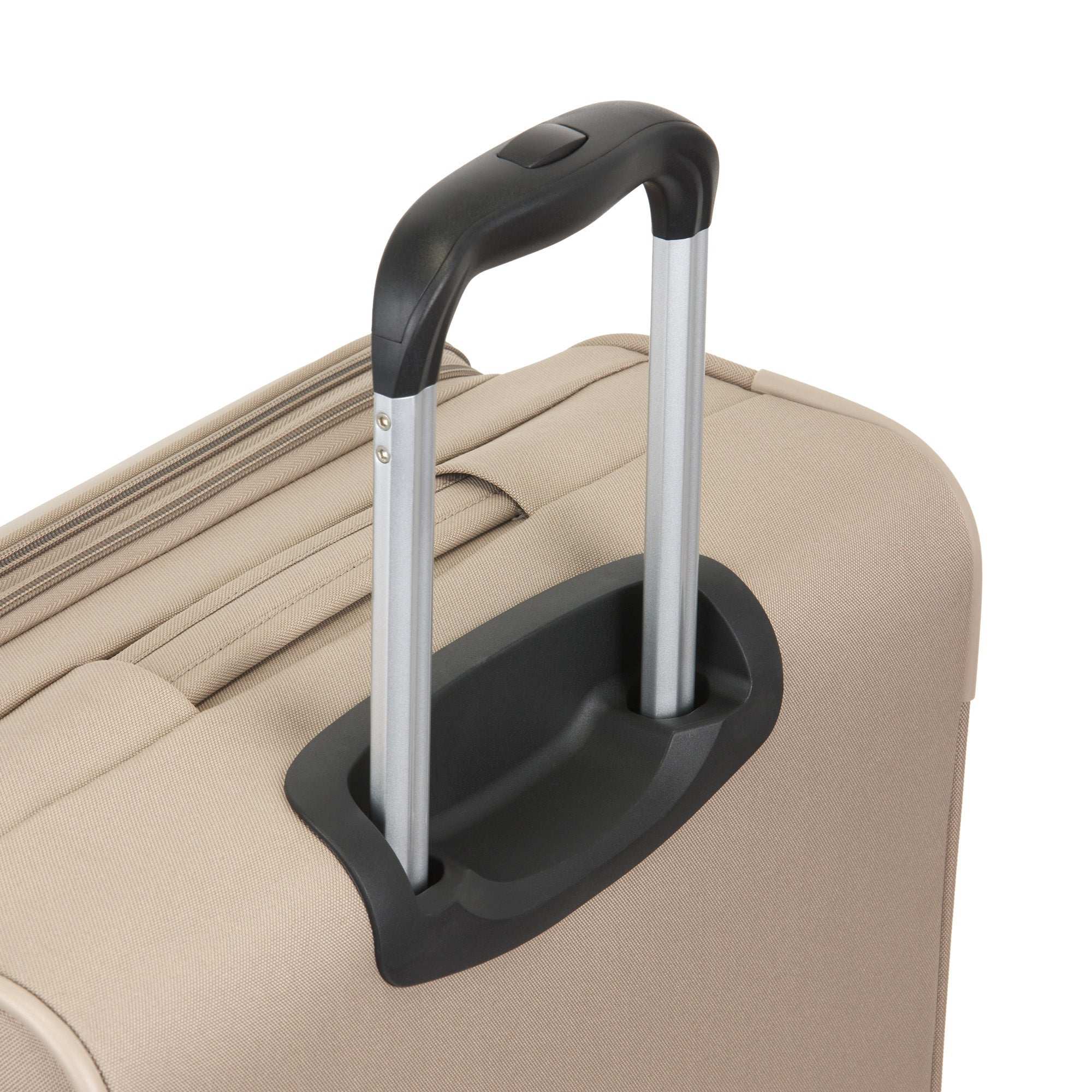 Beige suitcase with a black handle and silver telescopic shaft on a white background
