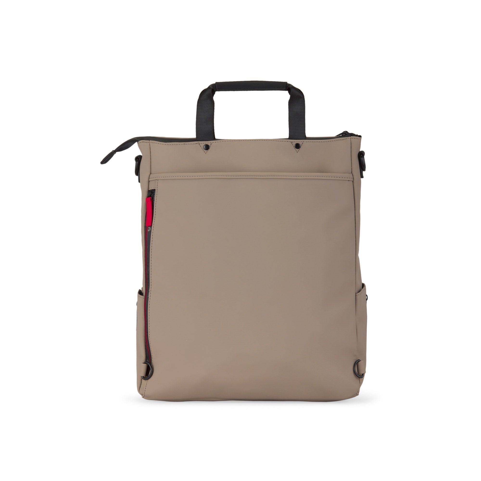 Beige backpack with black straps on a white background