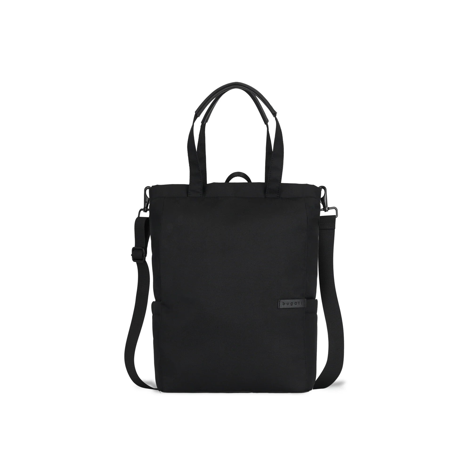 Black backpack with a shoulder strap on a white background