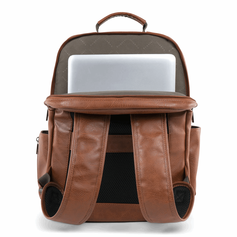 Brown leather backpack with a laptop compartment on a white background