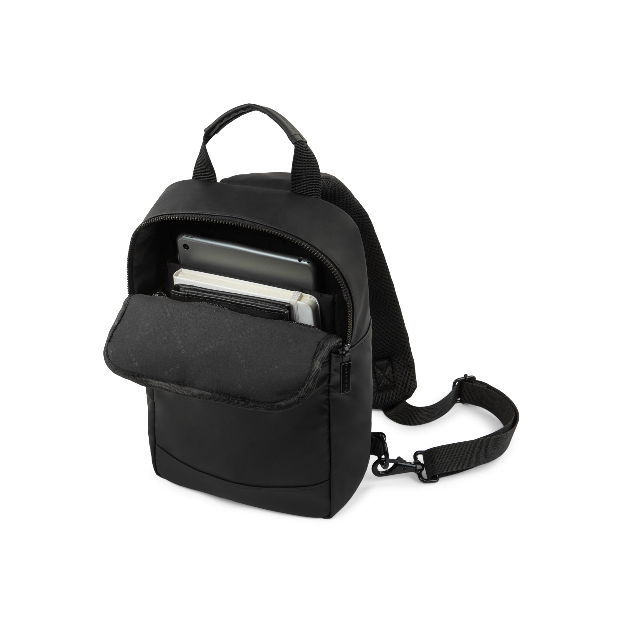 Black backpack with a front pocket on a white background