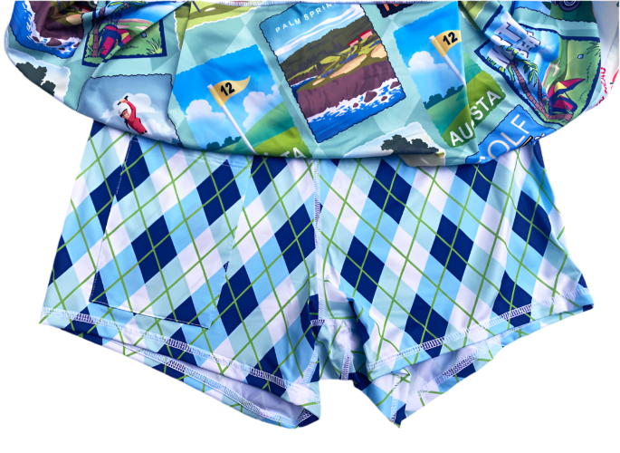 Pair of boxer briefs with a checkered pattern and golf-themed design on the waistband.