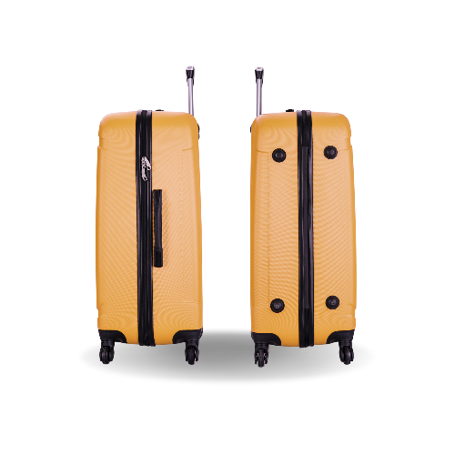 Two yellow suitcases with black handles and wheels on a white background