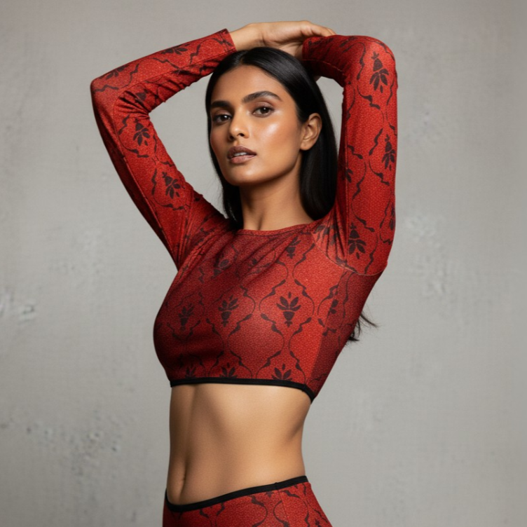 Woman wearing a red patterned top against a gray background