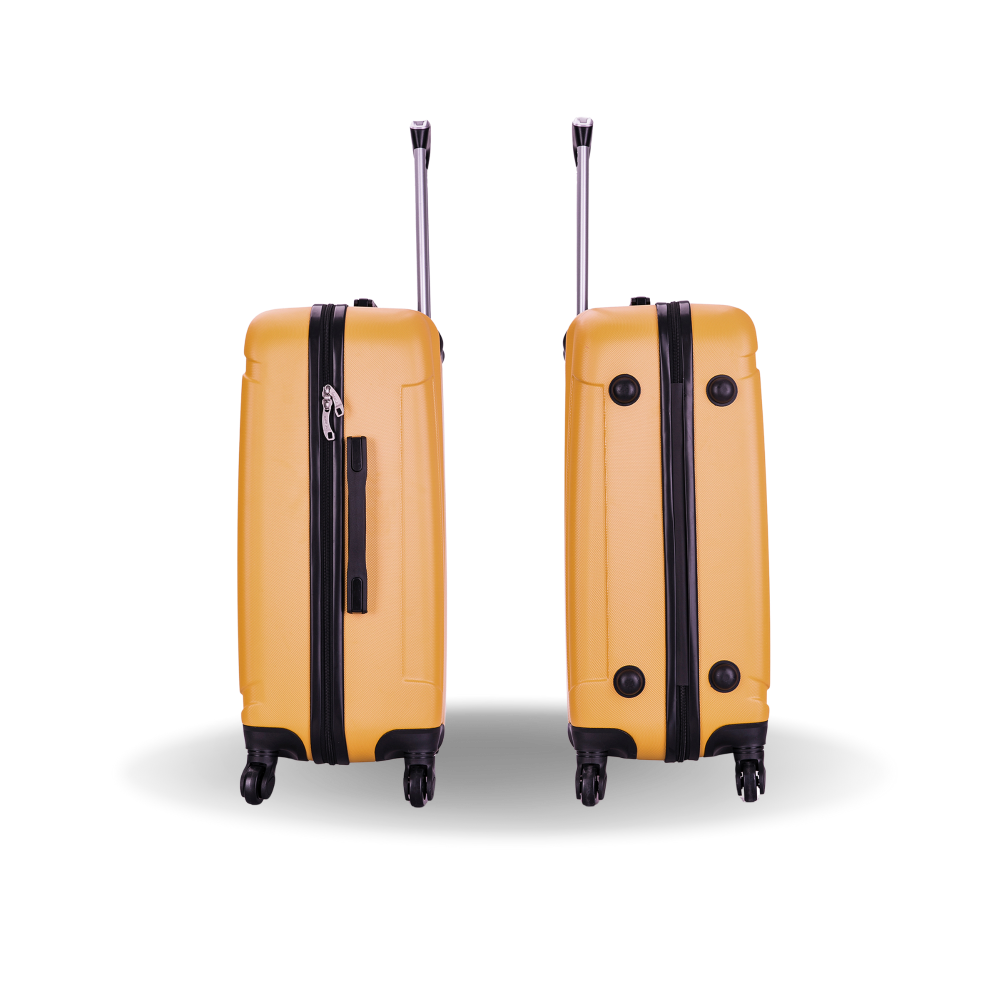 Two yellow suitcases with black zippers on a white background