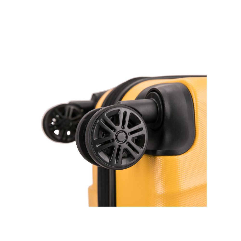 Close-up of a yellow and black suitcase with wheels on a white background