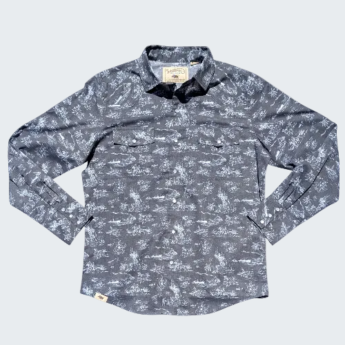 Gray patterned shirt with brand label on a white background