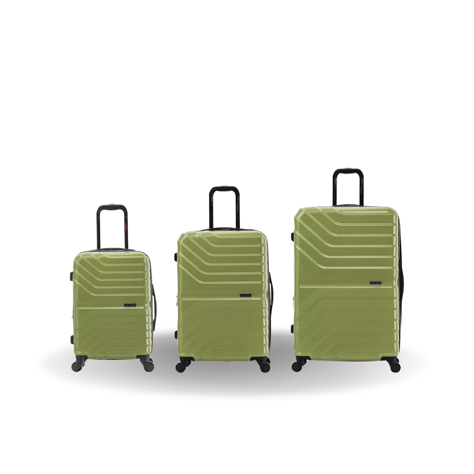 Three green suitcases of different sizes on a white background