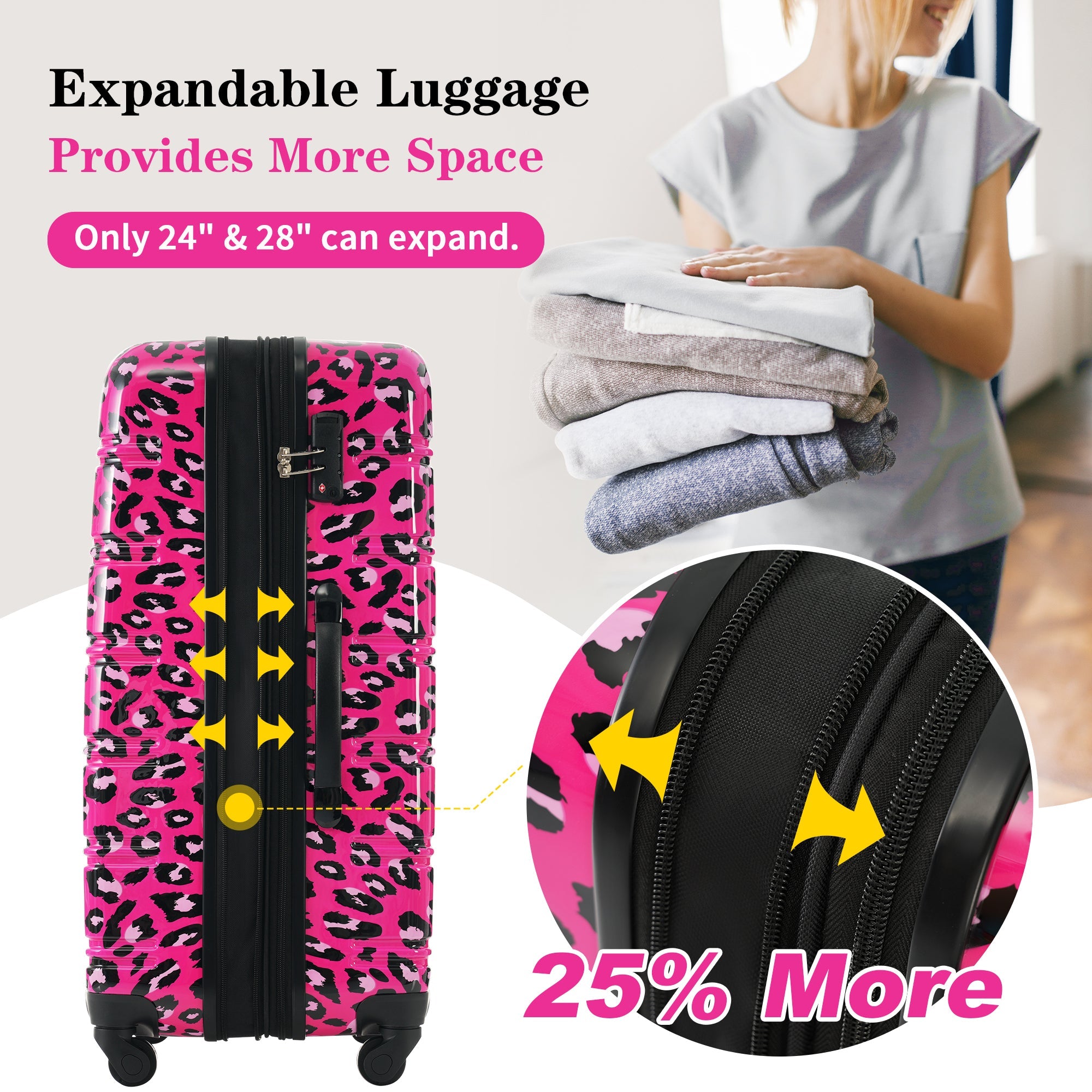 Hot Pink Three Piece Hardshell Luggage Set with TSA Lock 