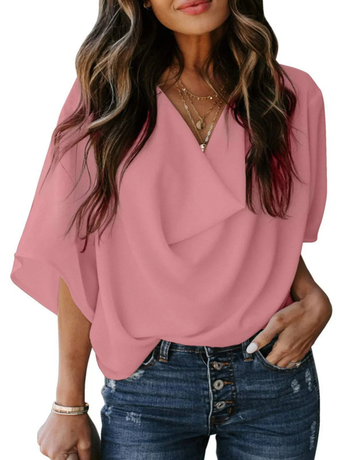 Full Size Ruched Three-Quarter Sleeve Blouse