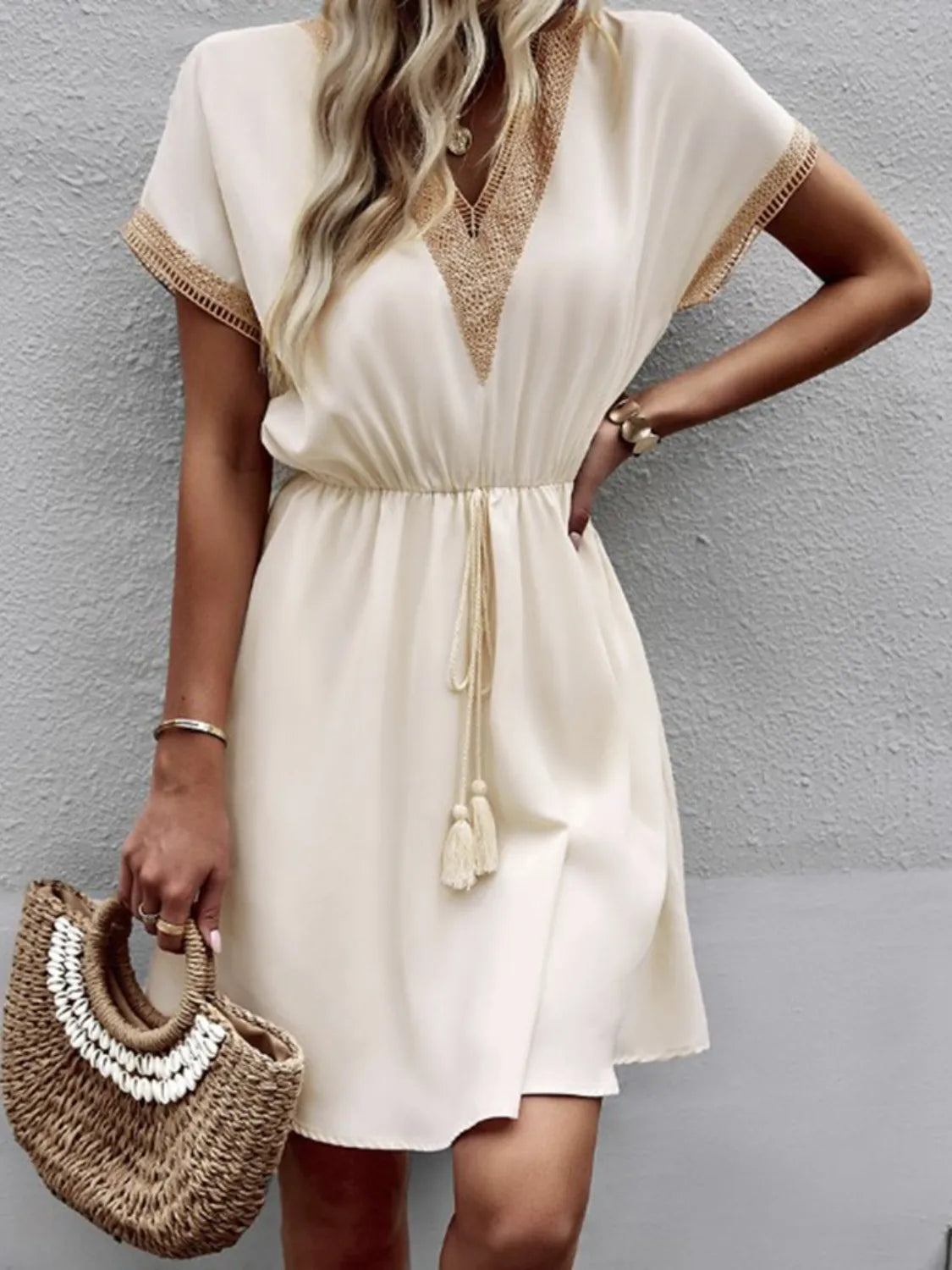 Full Size Tassel V-Neck Short Sleeve Dress