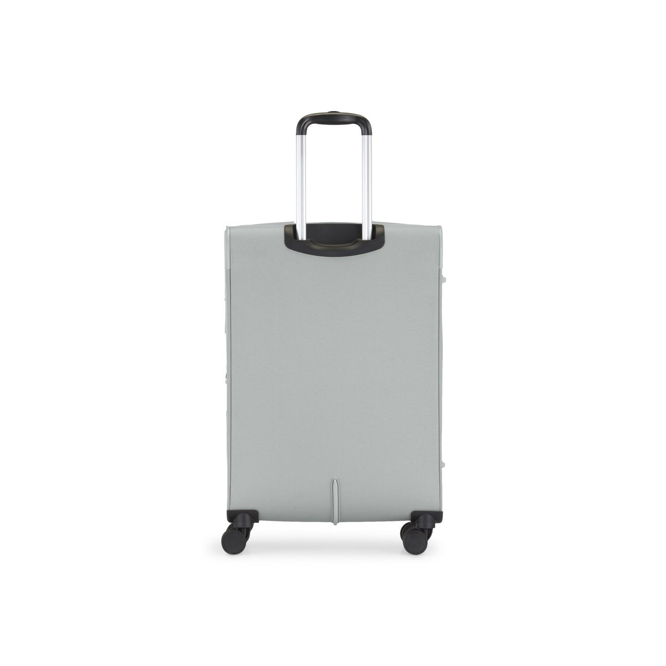Gray suitcase with a black handle on a white background