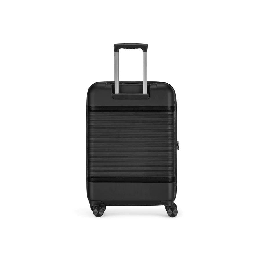 Black suitcase with wheels on a white background