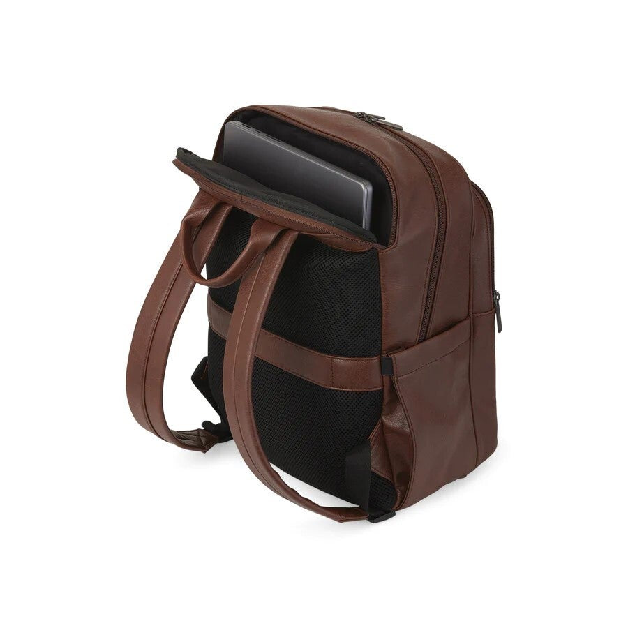 Brown backpack with a laptop compartment on a white background