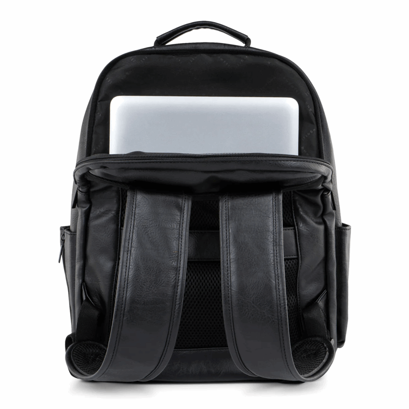 Black backpack with a laptop compartment on a white background