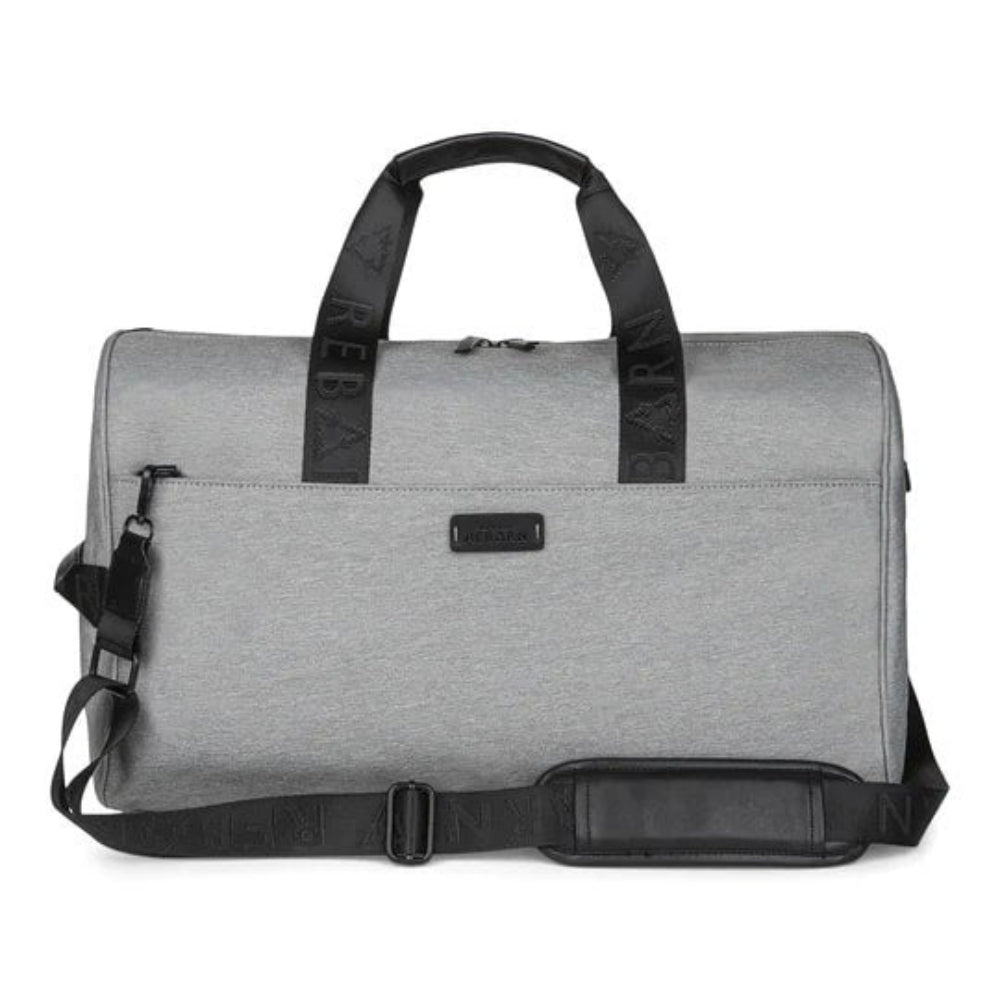 Gray duffel bag with black straps and REBAG label on a white background
