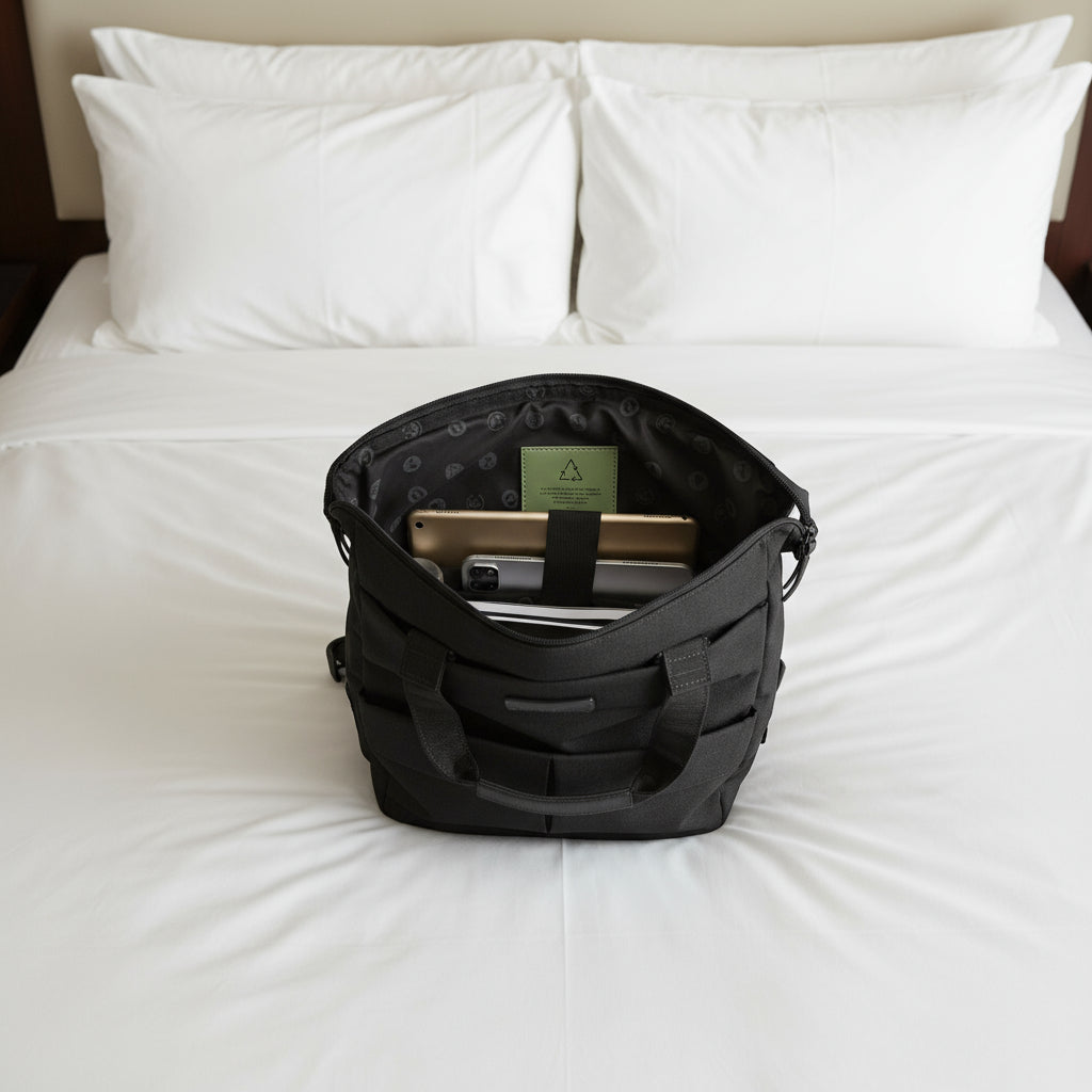 Black backpack with compartments containing a phone, tablet, and other items on a white background