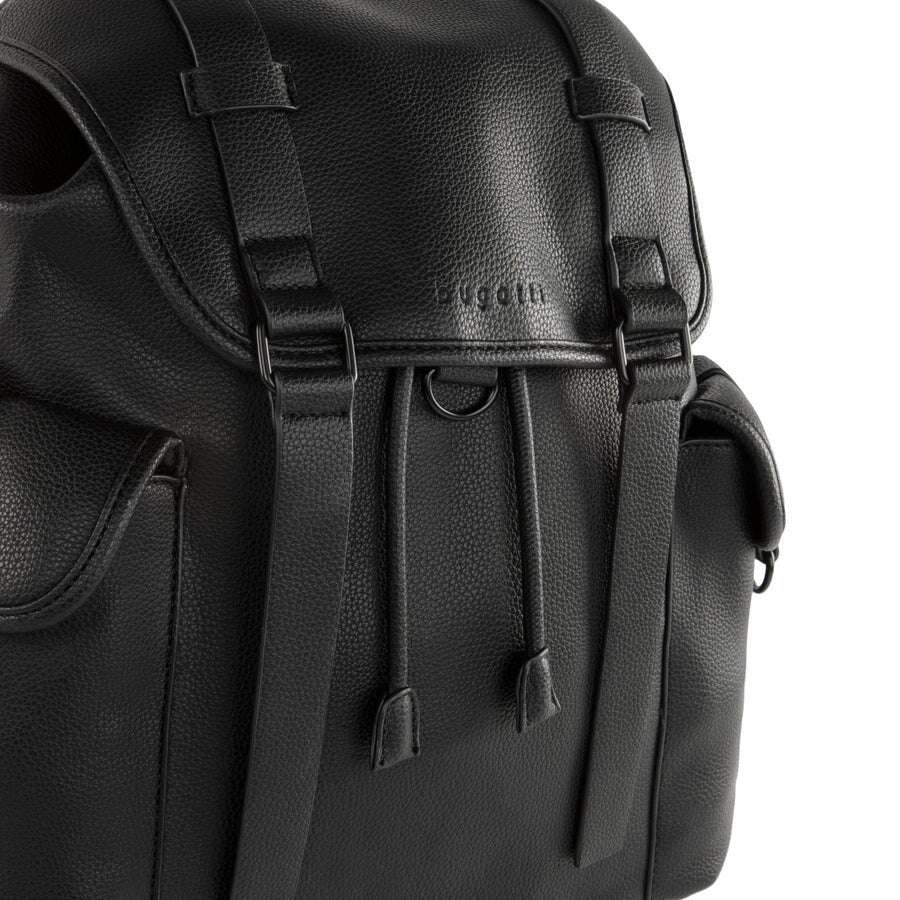 Close-up of a black backpack with visible brand logo on a white background