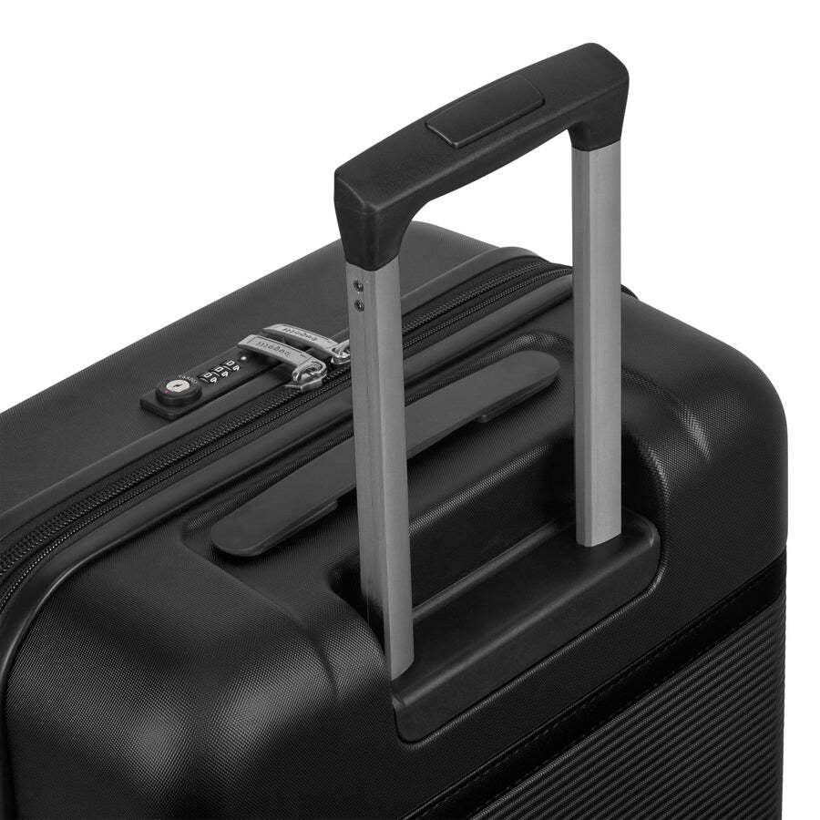 Black suitcase with handle and zipper detail on a white background
