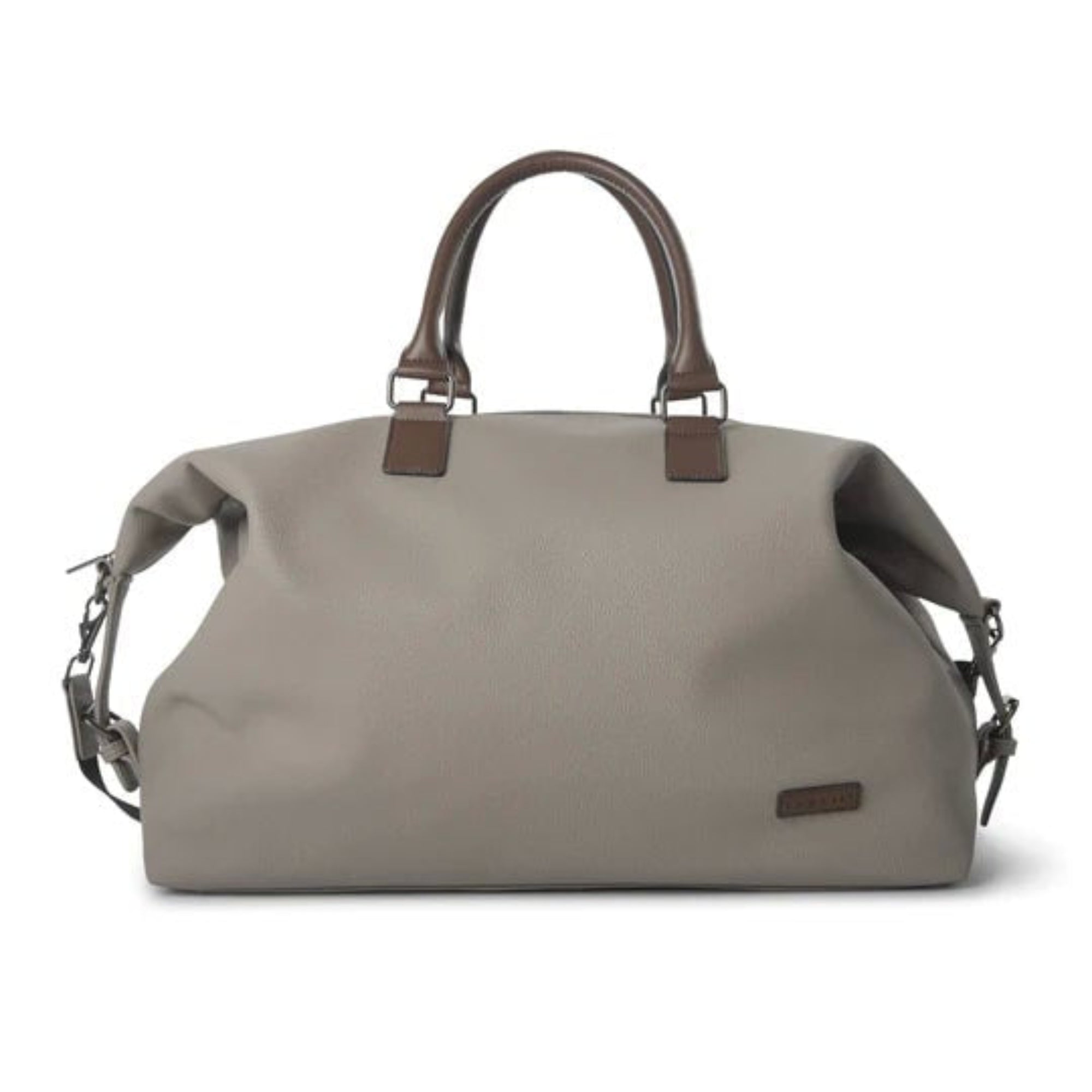 Gray handbag with brown handles and accents on a white background
