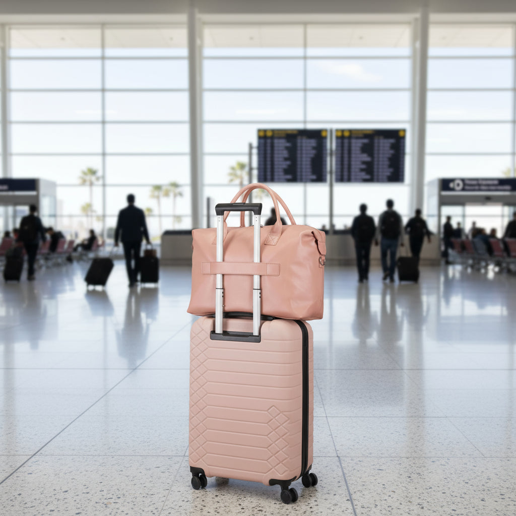 Pink suitcase with a matching pink bag on top against a white background