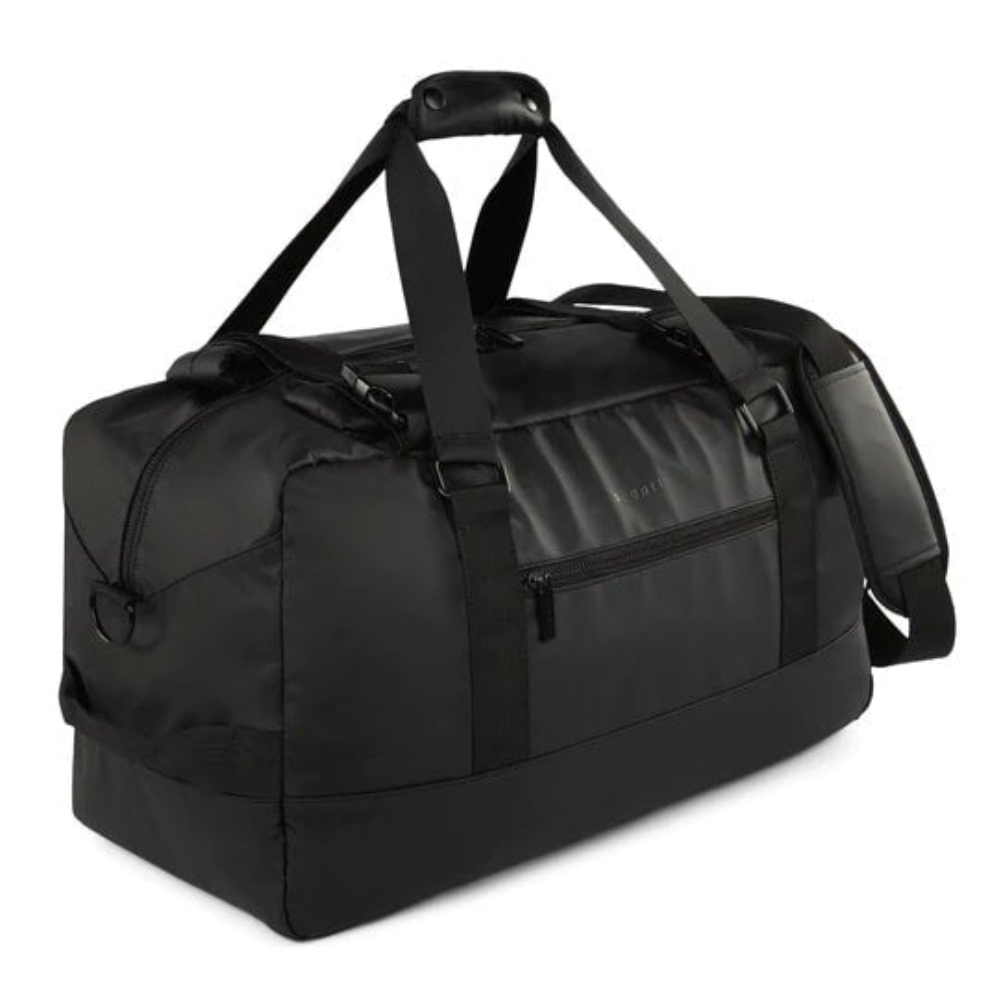 Black duffel bag on a white background