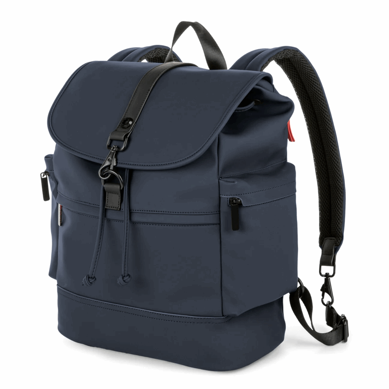 Navy blue backpack with black straps on a white background