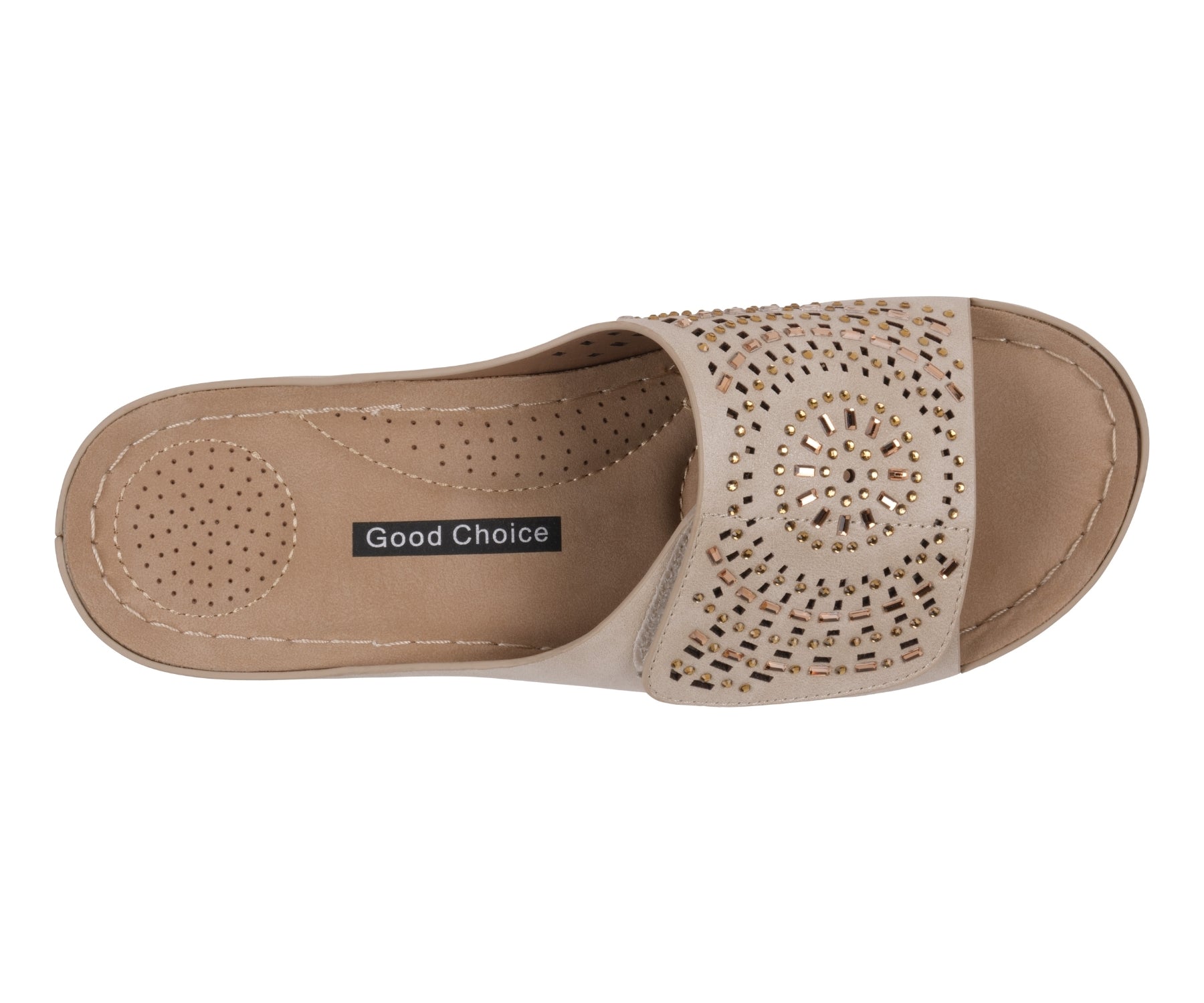 Beige sandal with 'Good Choice' branding on a white background