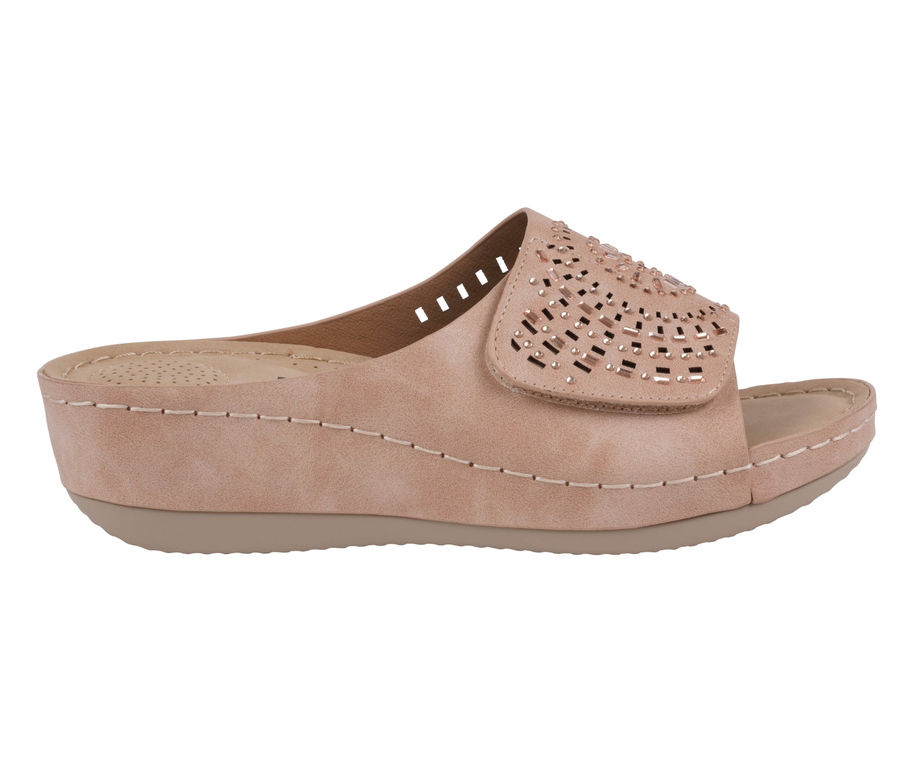 Beige sandal with cut-out design on a white background