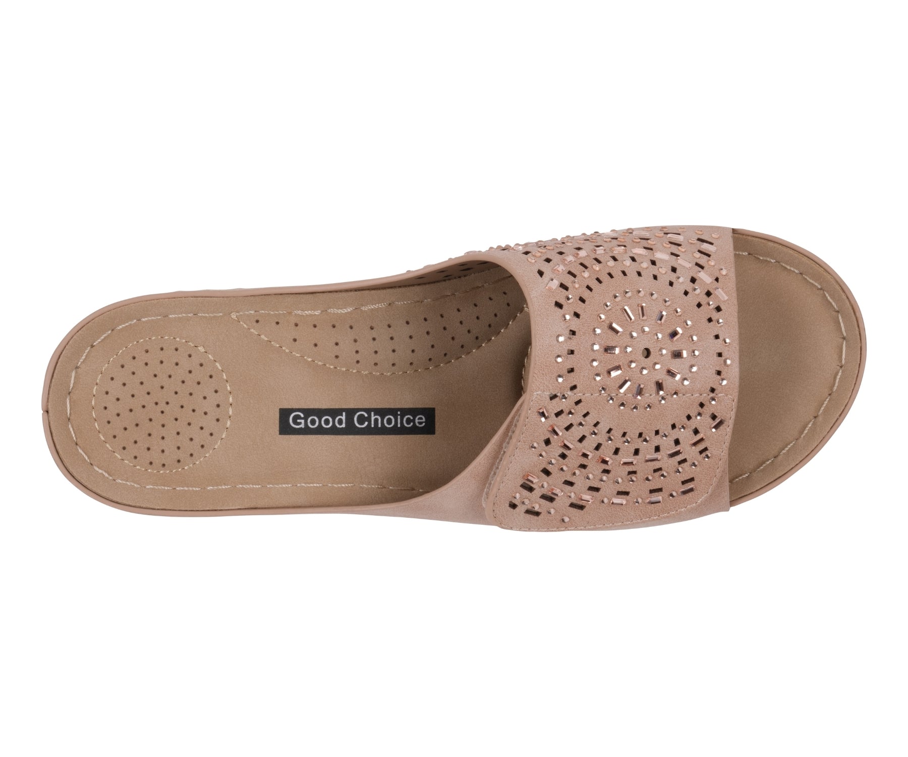 Beige sandal with 'Good Choice' branding on a white background