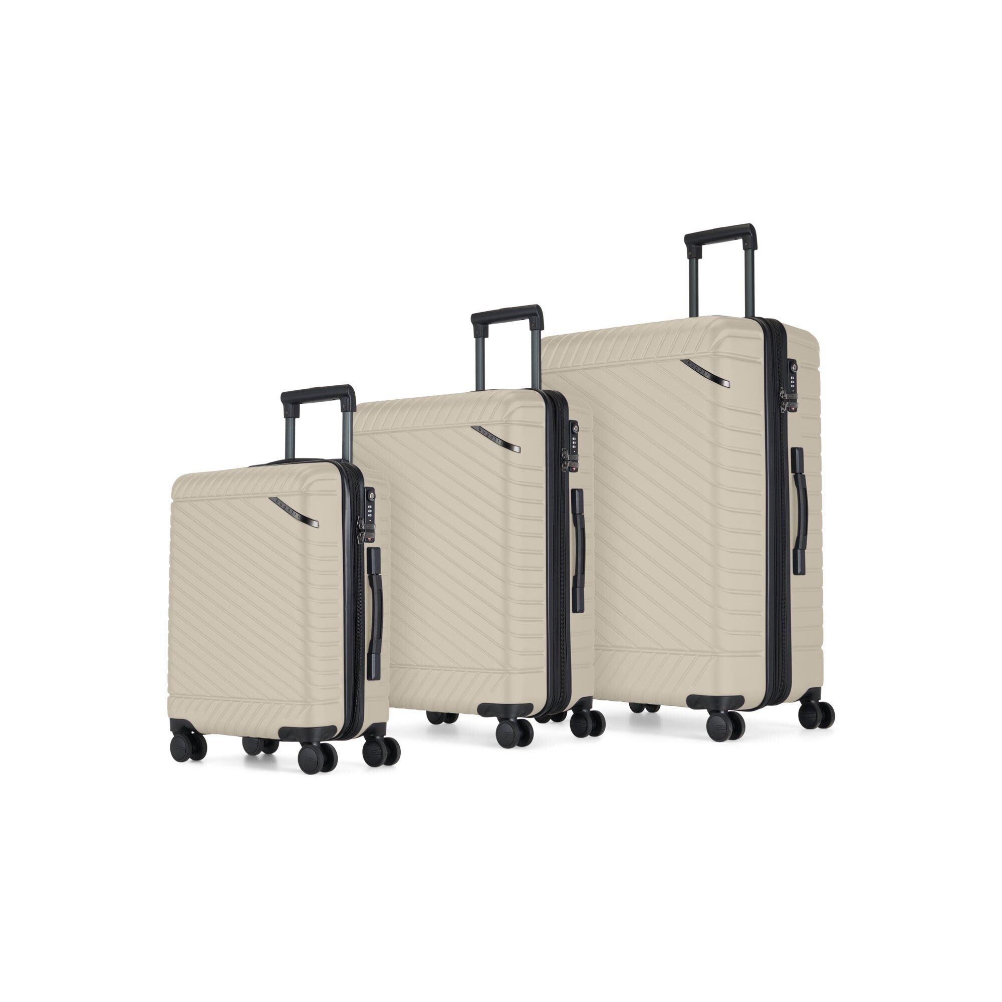 Set of three beige suitcases with black handles and wheels on a white background