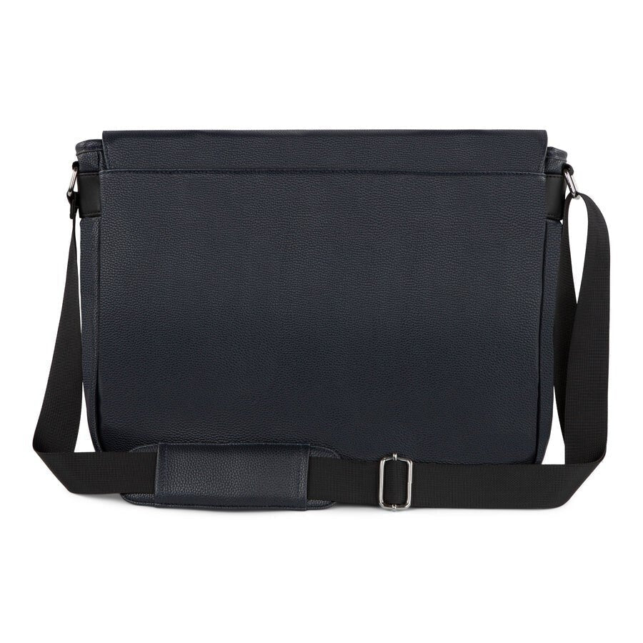 Black messenger bag with a strap on a white background