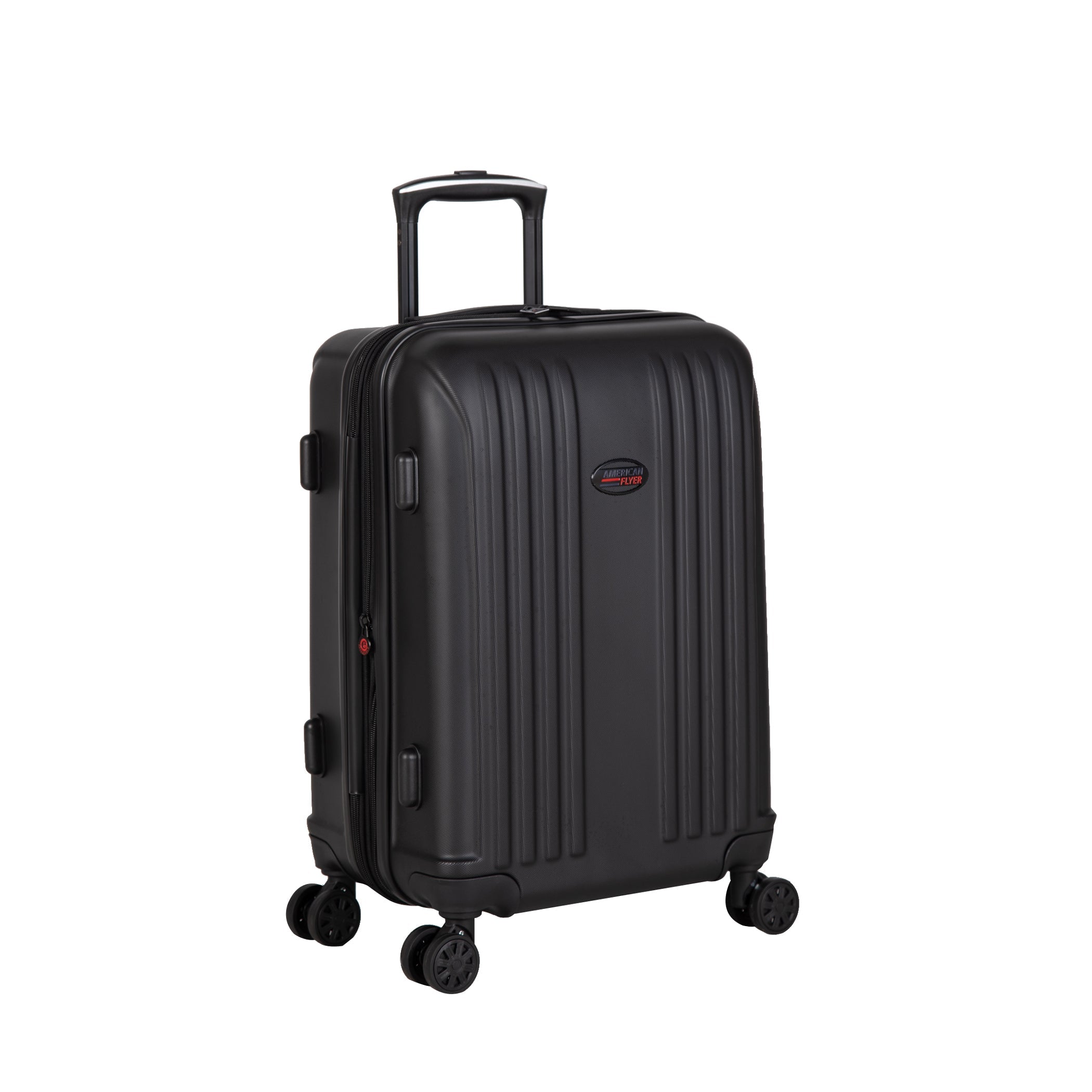 Black suitcase with a visible brand logo on a white background