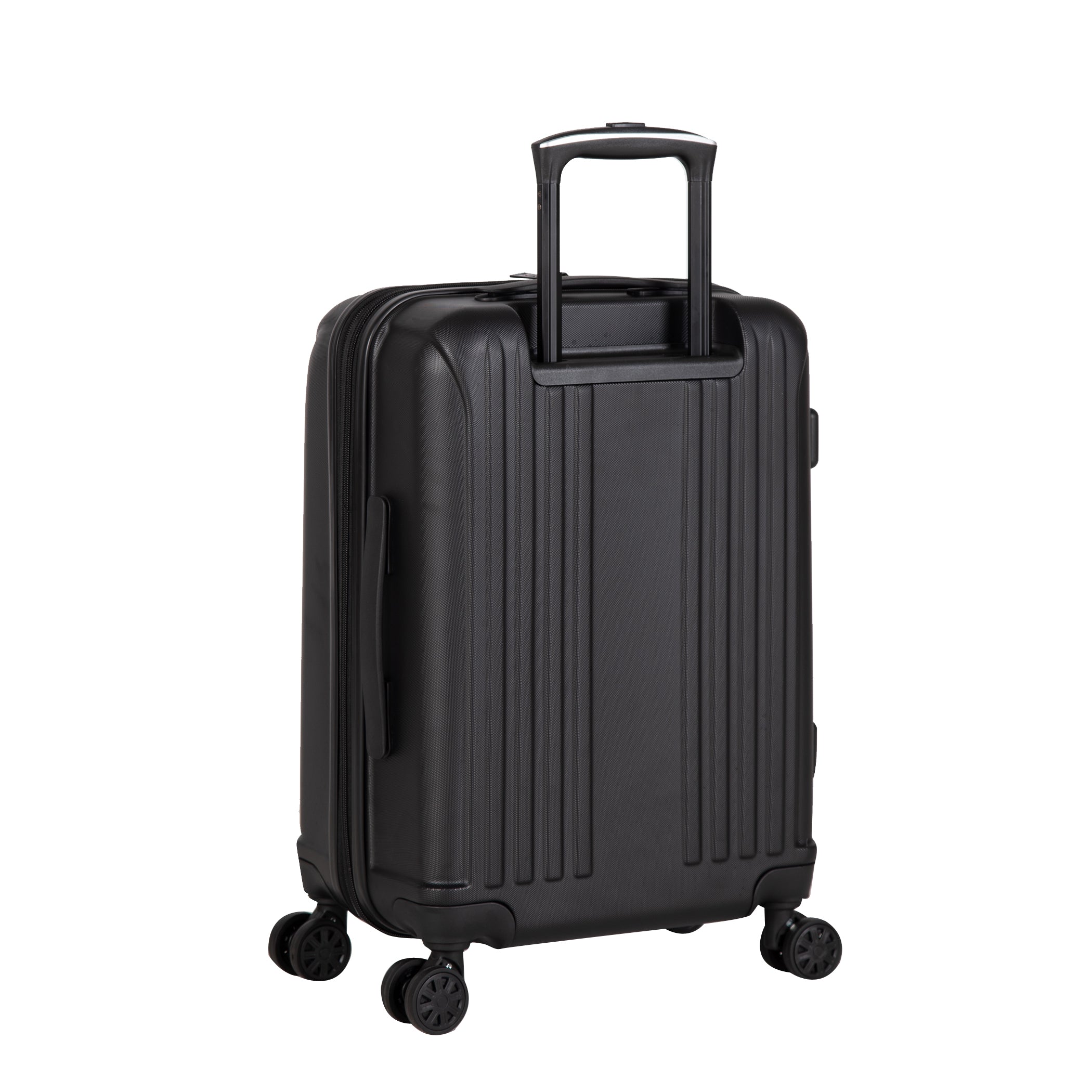 Black suitcase with wheels on a white background