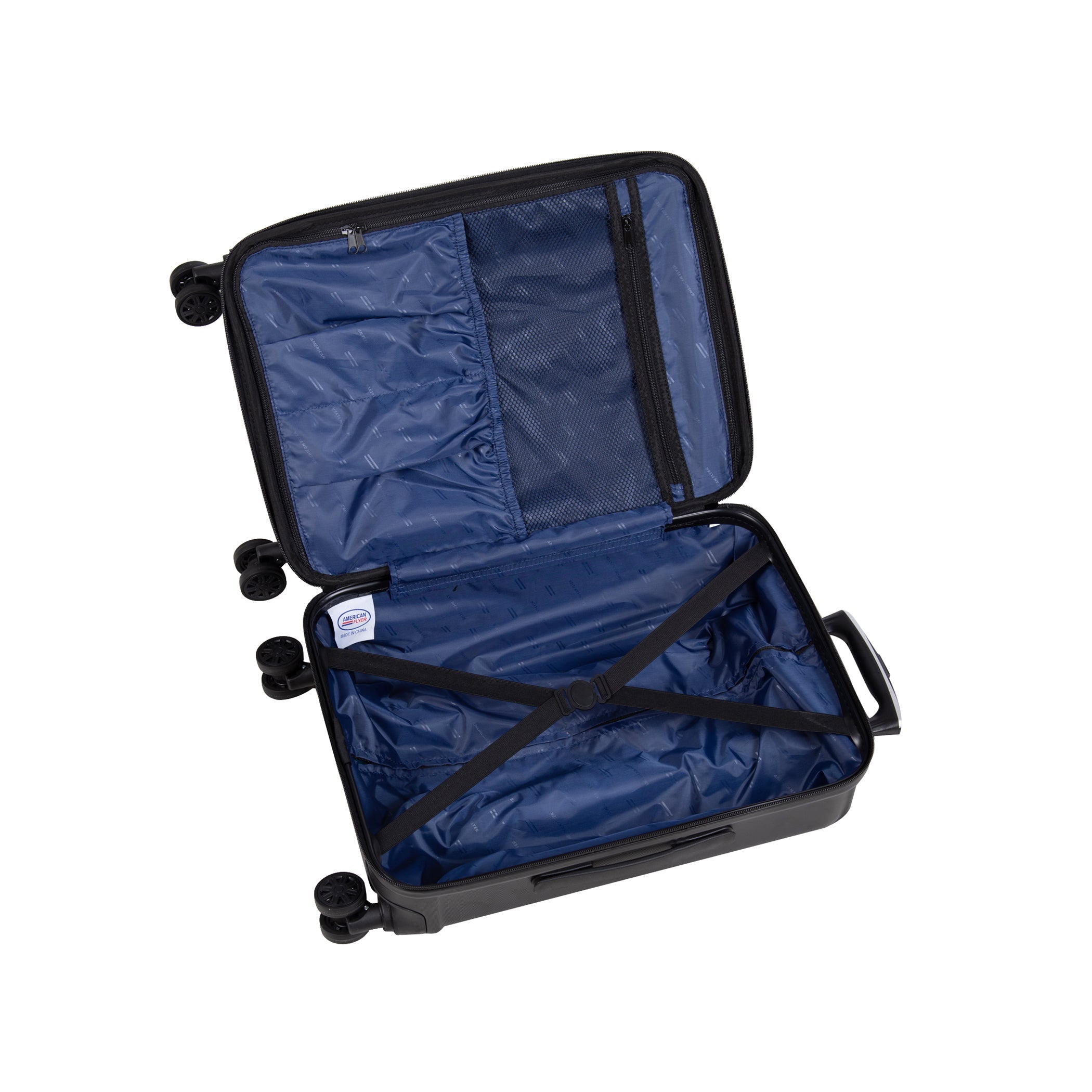 Open blue suitcase on a white background