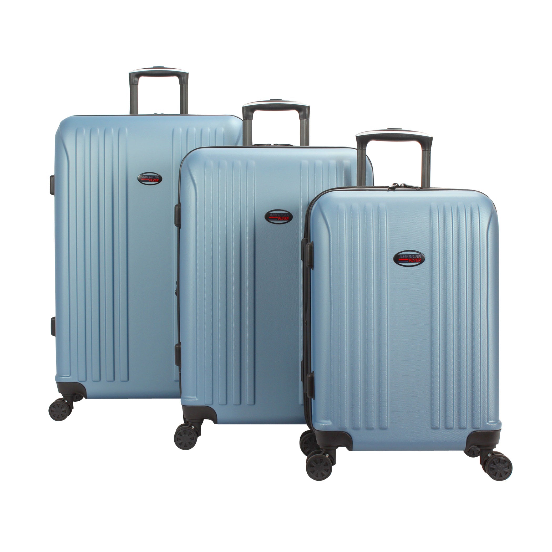 Set of three blue suitcases with a visible brand logo on a white background