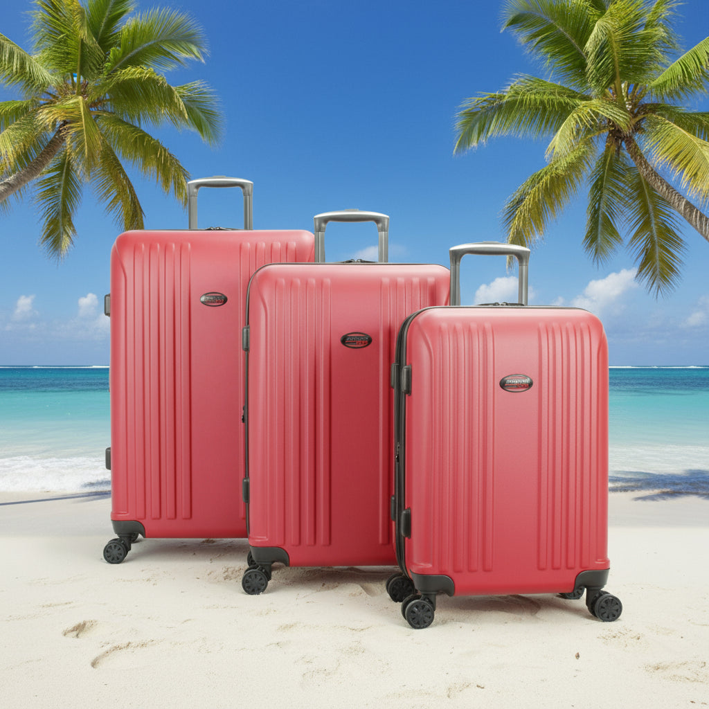 Three red suitcases of different sizes on a white background