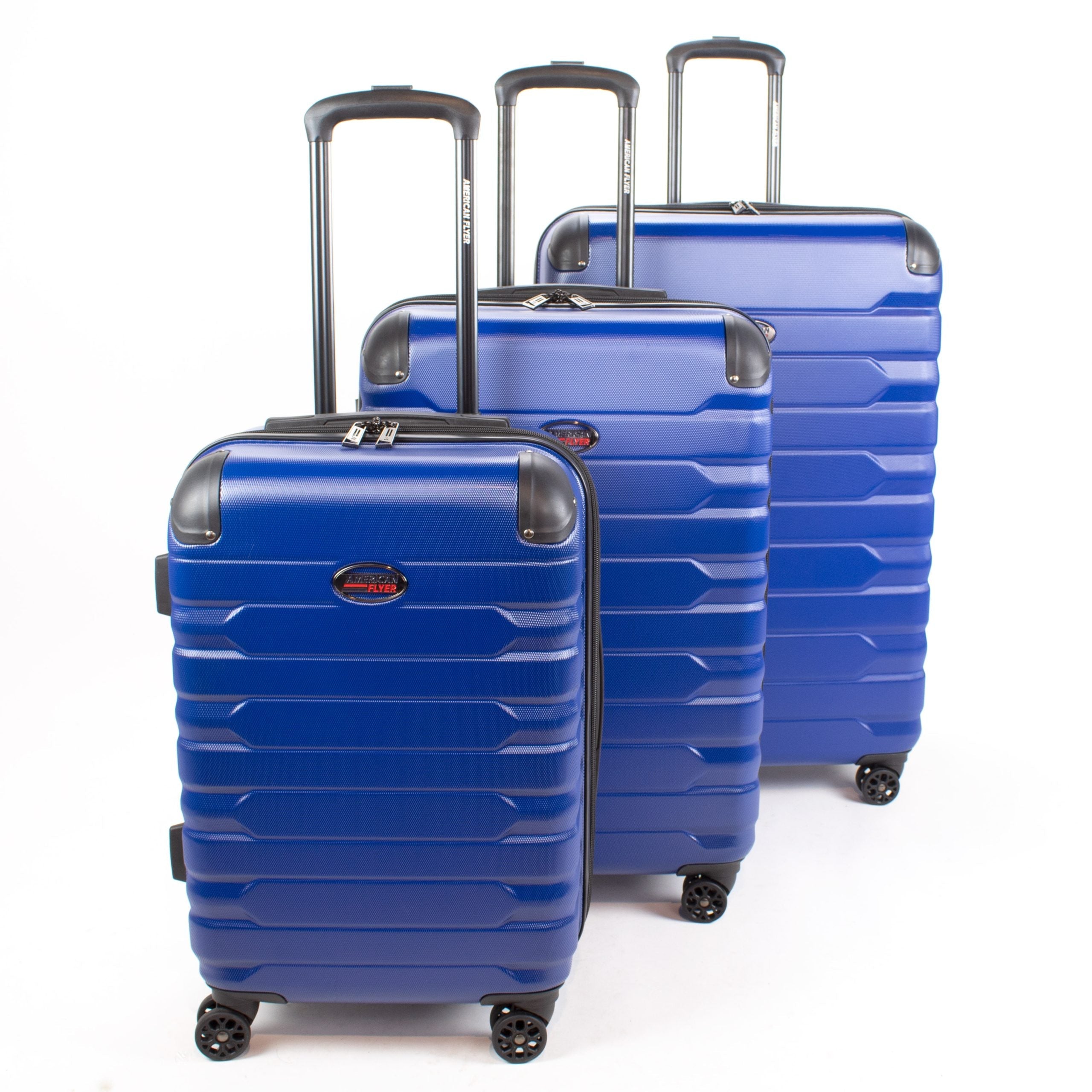 Set of blue suitcases with a visible brand logo on a white background