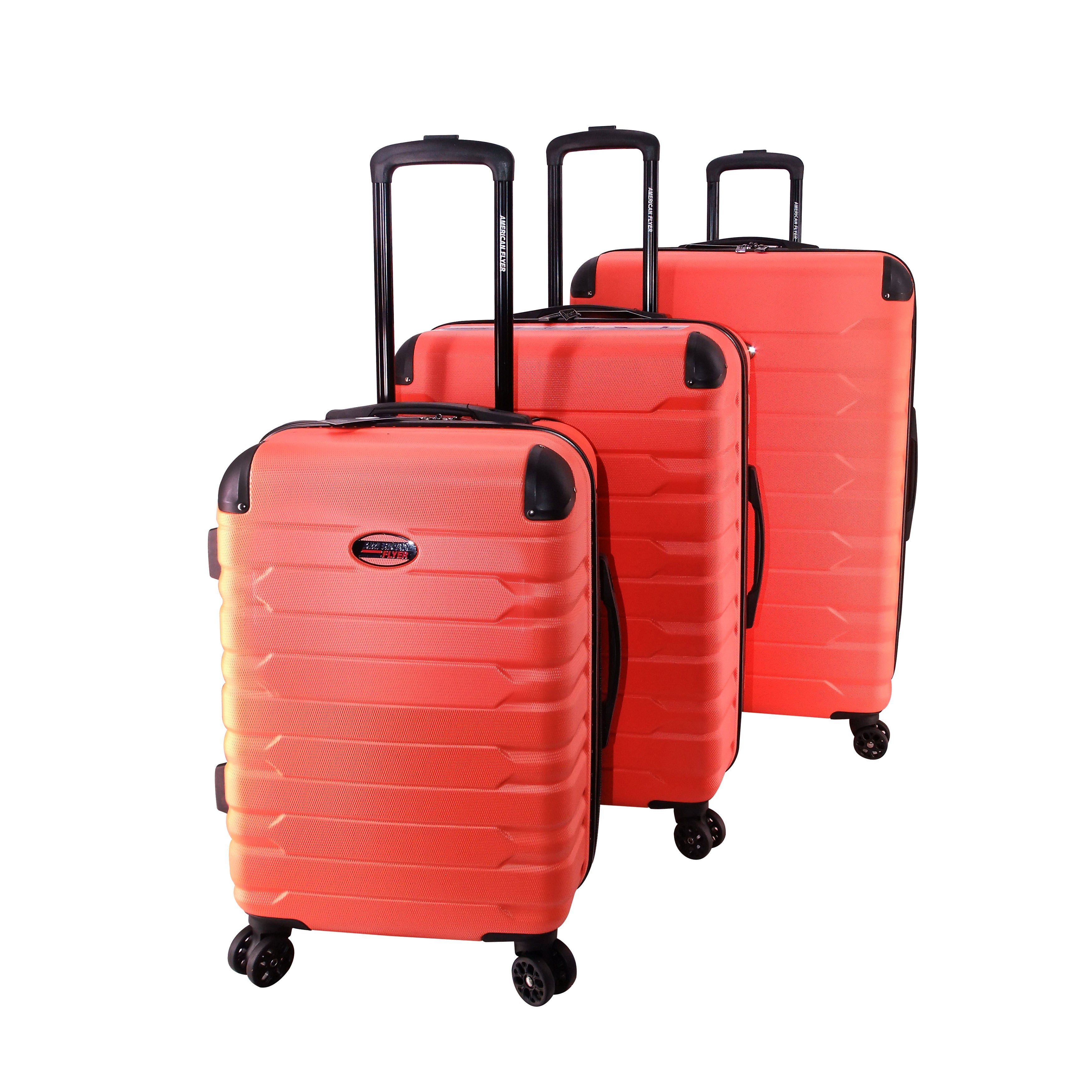Set of three red suitcases with black handles and wheels on a white background