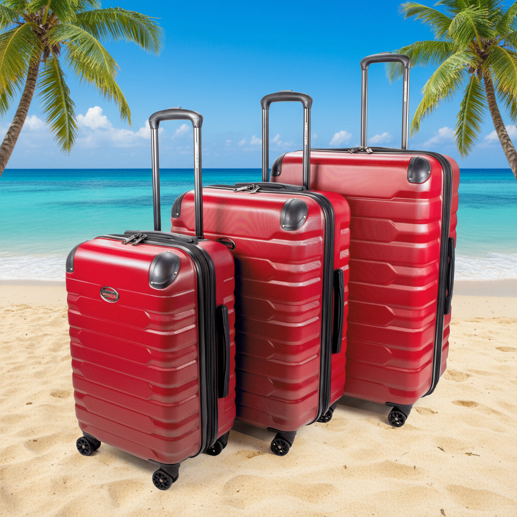 Set of red suitcases with black handles and wheels on a white background