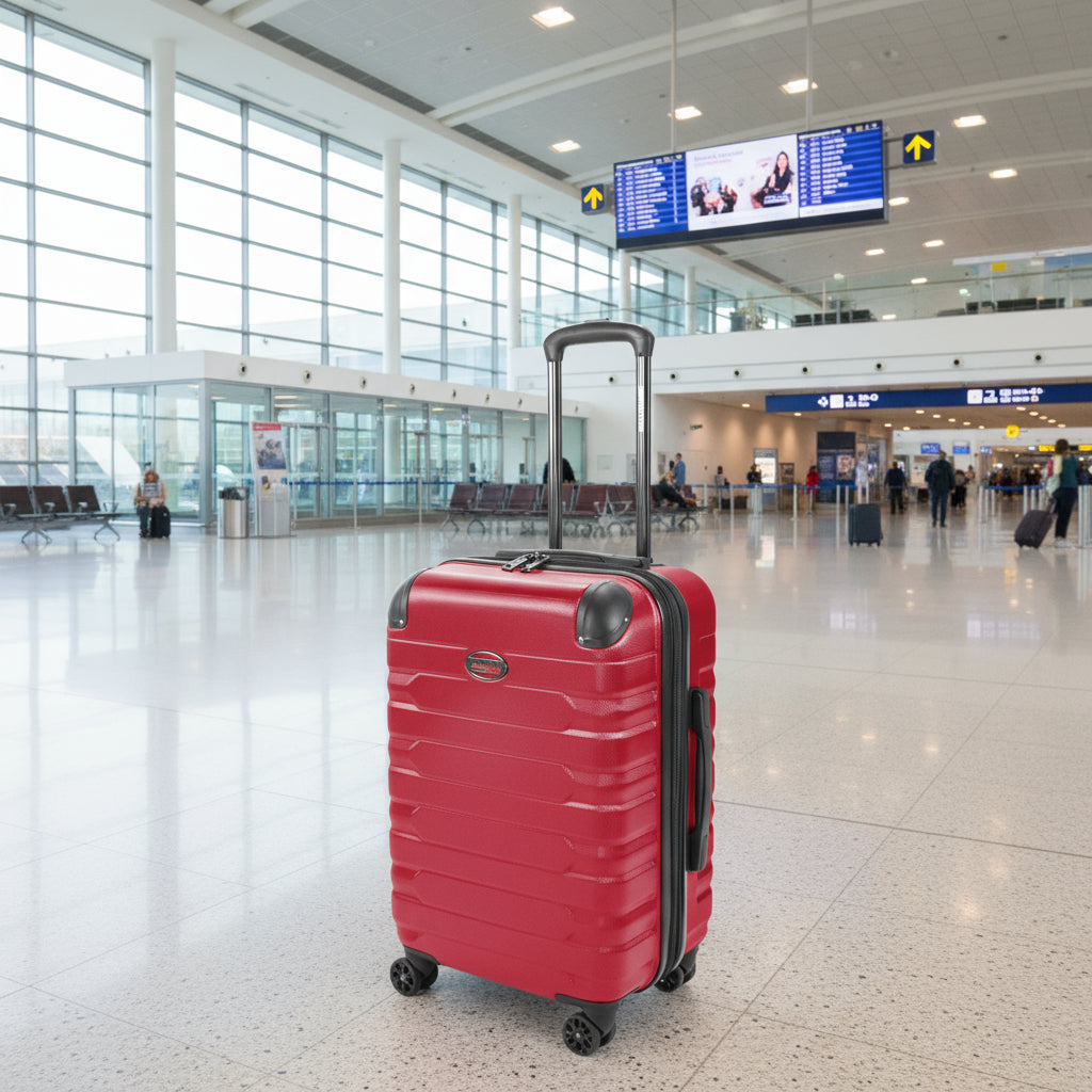 Red suitcase with black wheels and handle on a white background