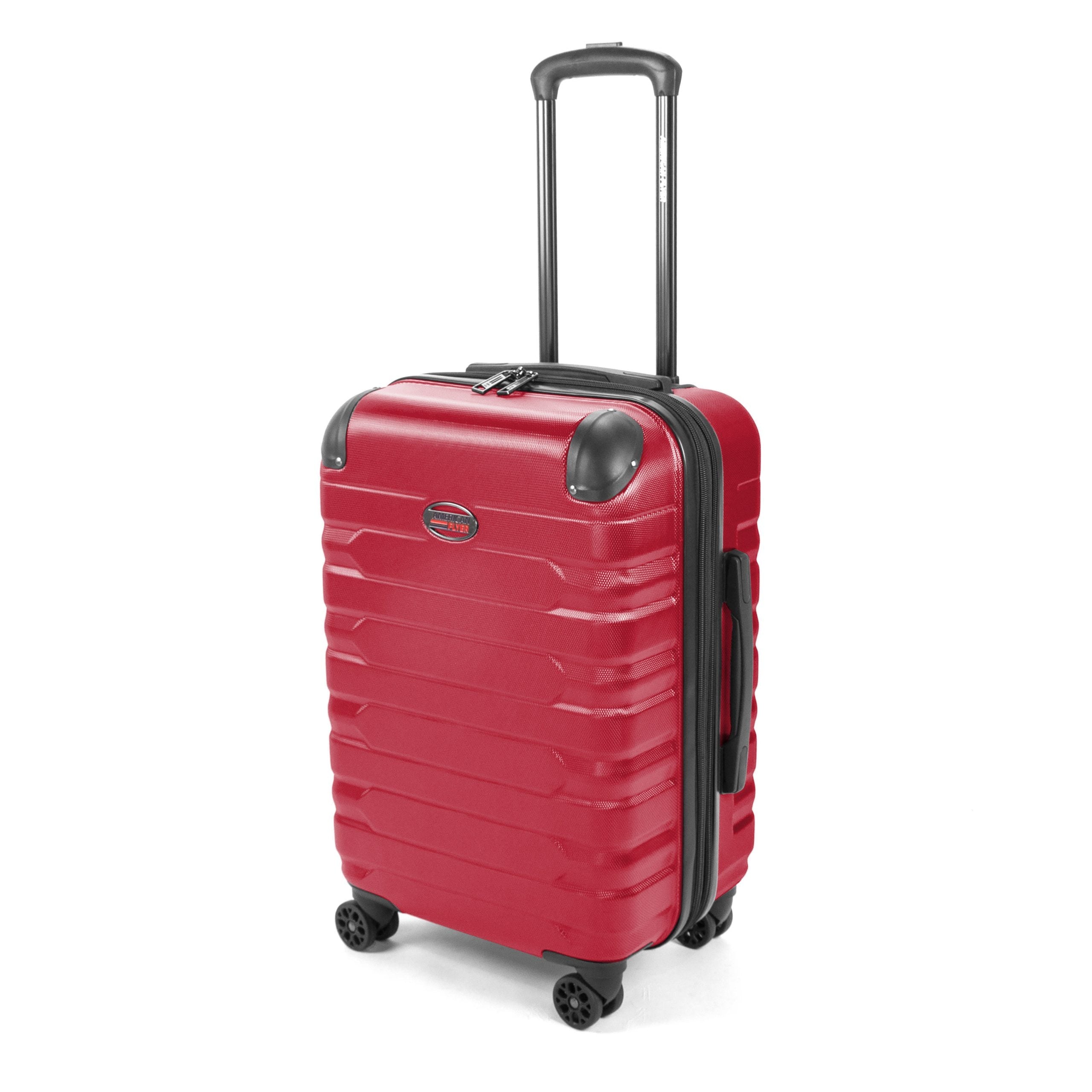 Red suitcase with black wheels and handle on a white background