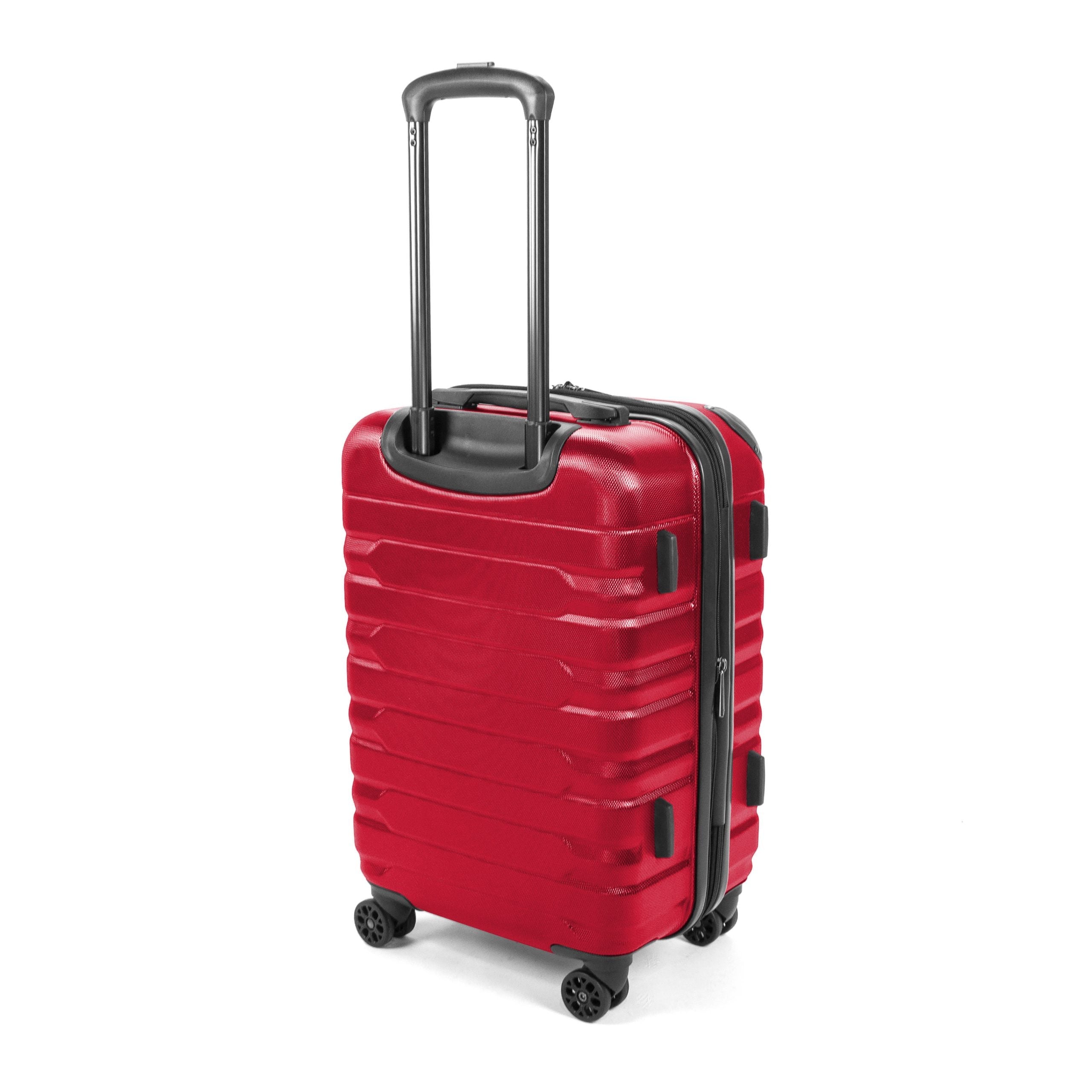 Red suitcase with a black handle on a white background