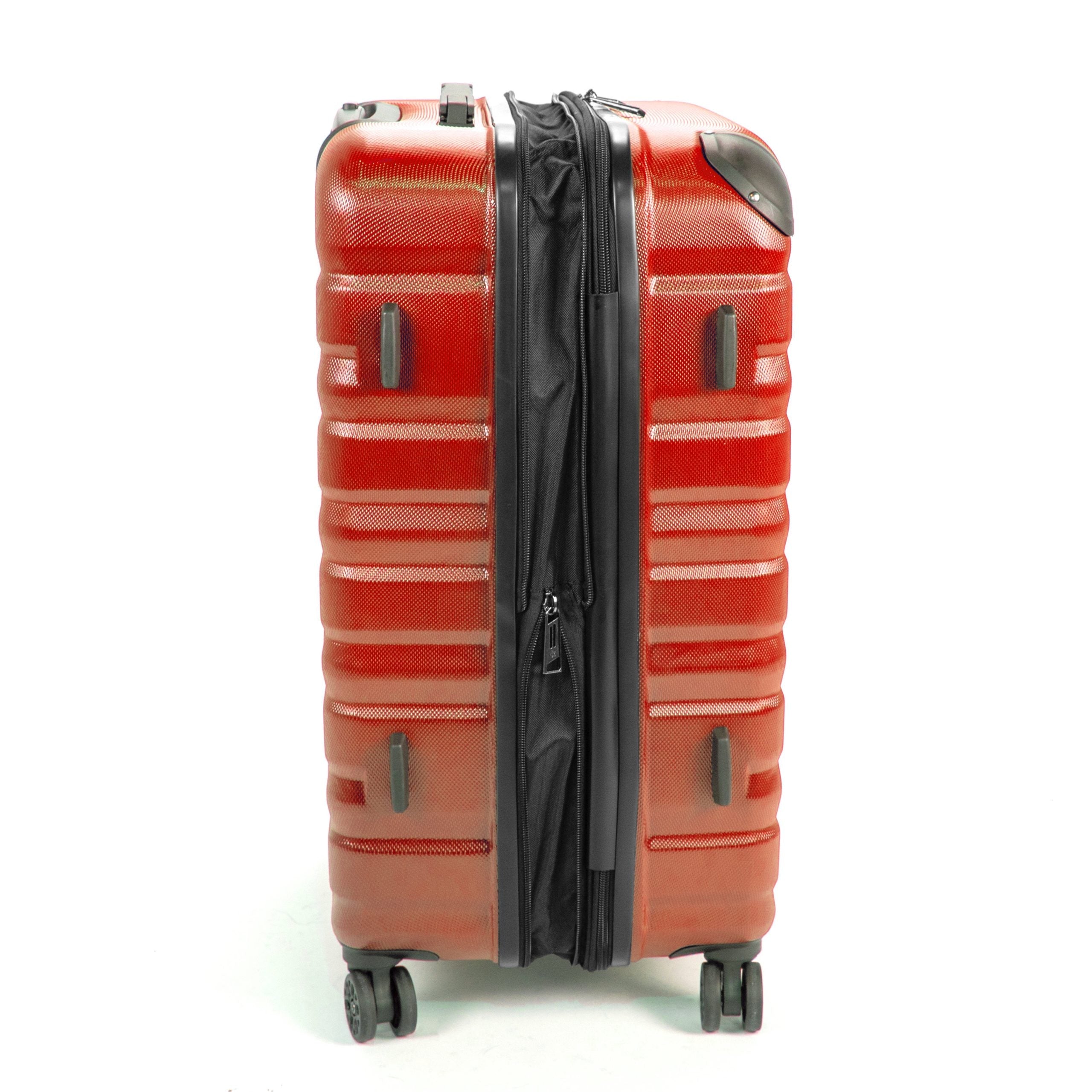 Red suitcase with a black zipper on a white background