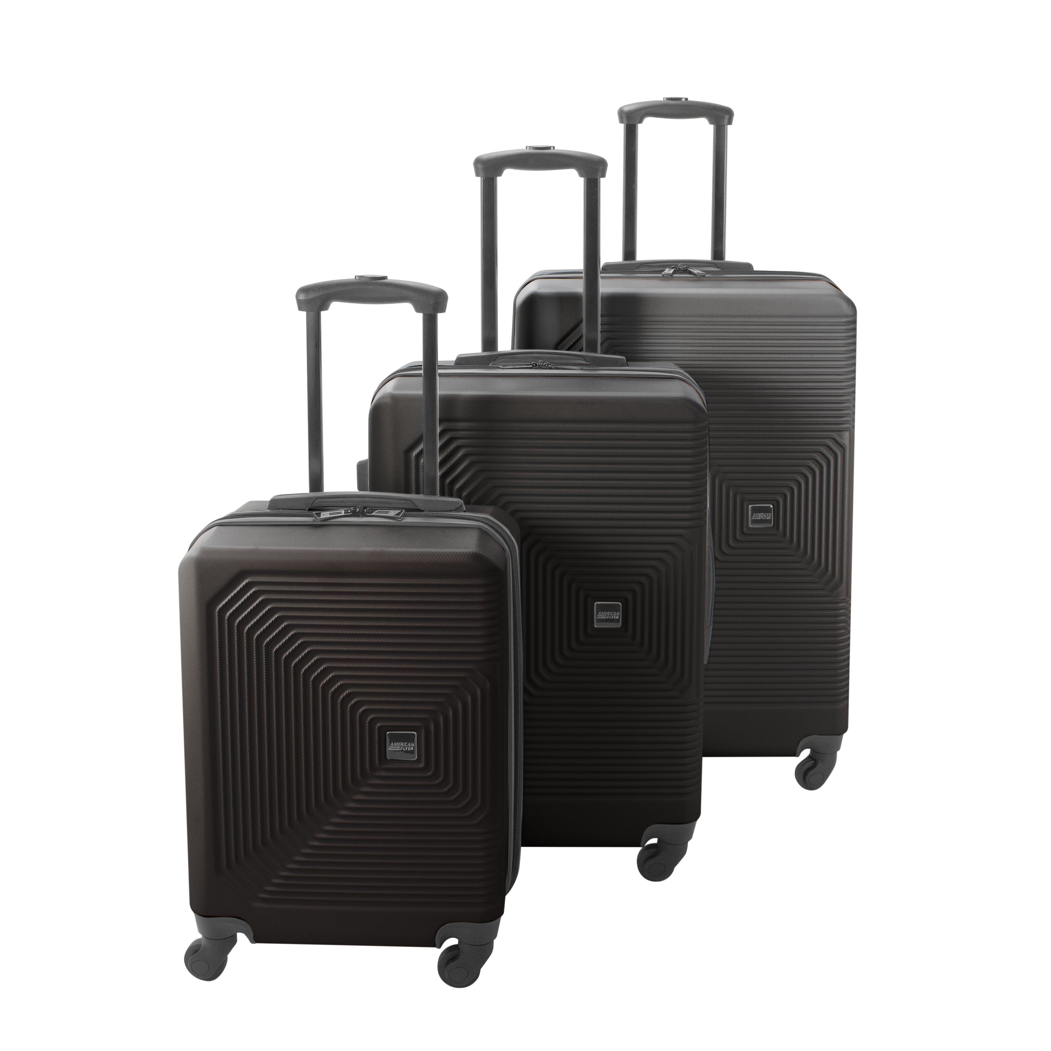 Set of three black suitcases with geometric pattern on a white background