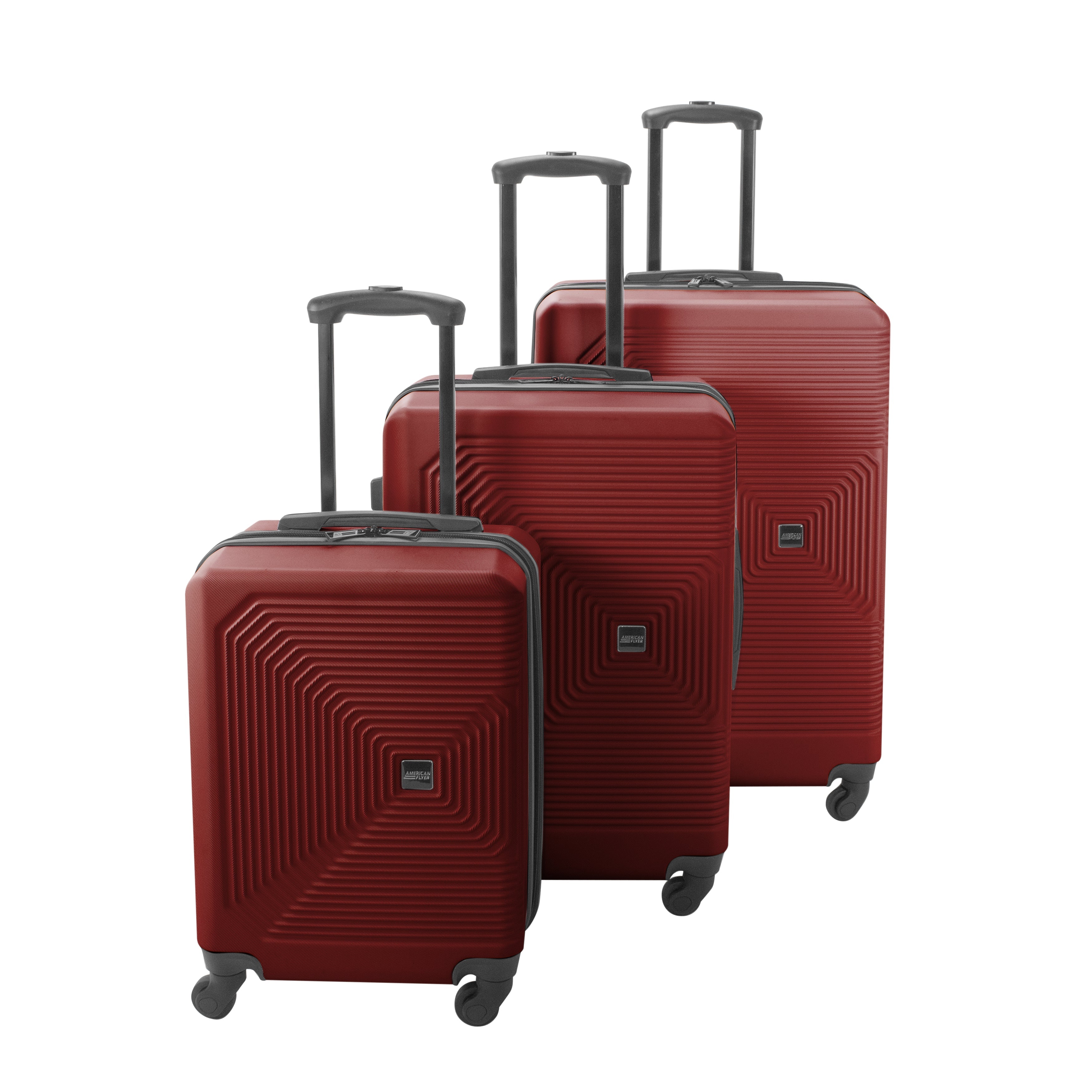 Set of three red suitcases with geometric patterns on a white background