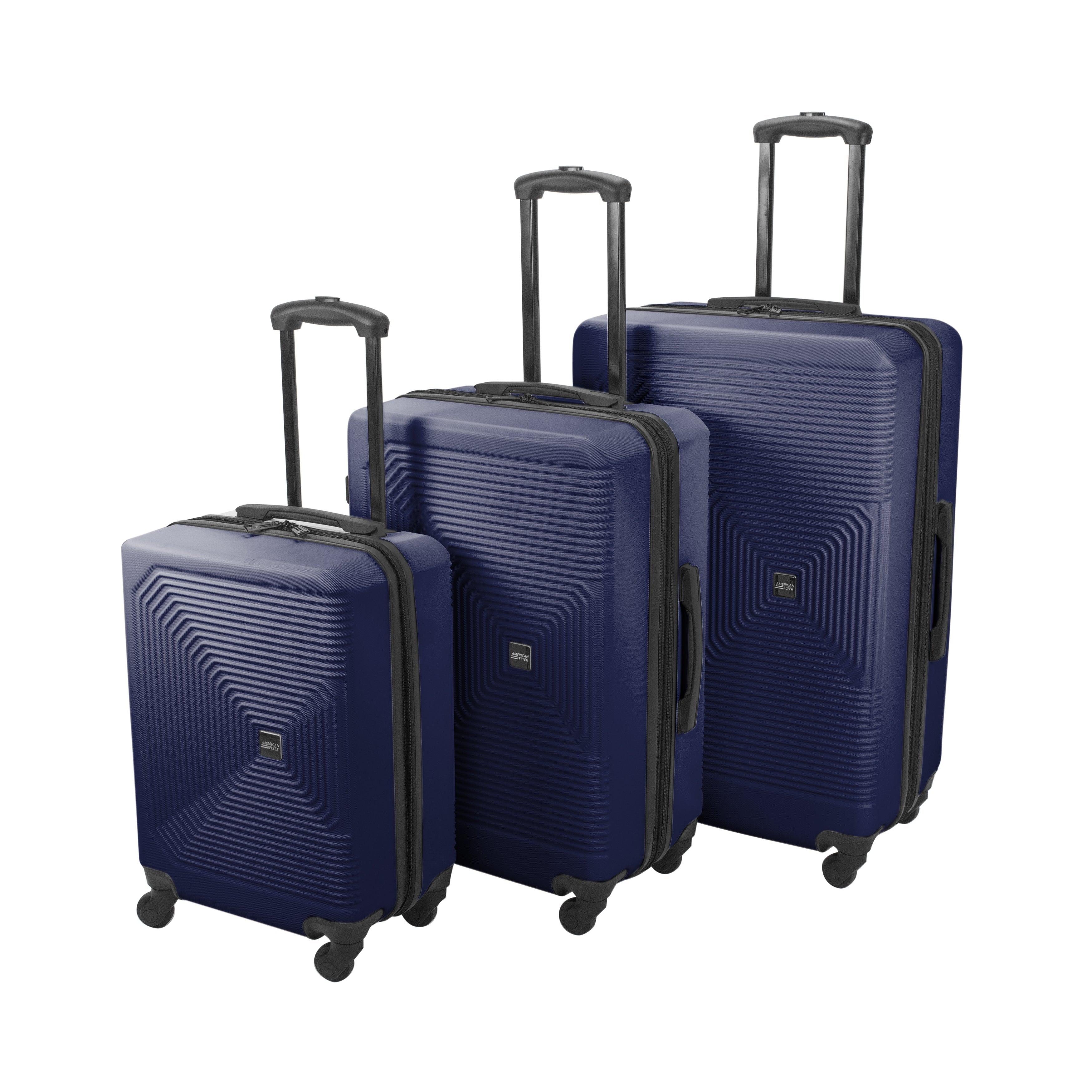 Set of three blue suitcases with geometric patterns on a white background